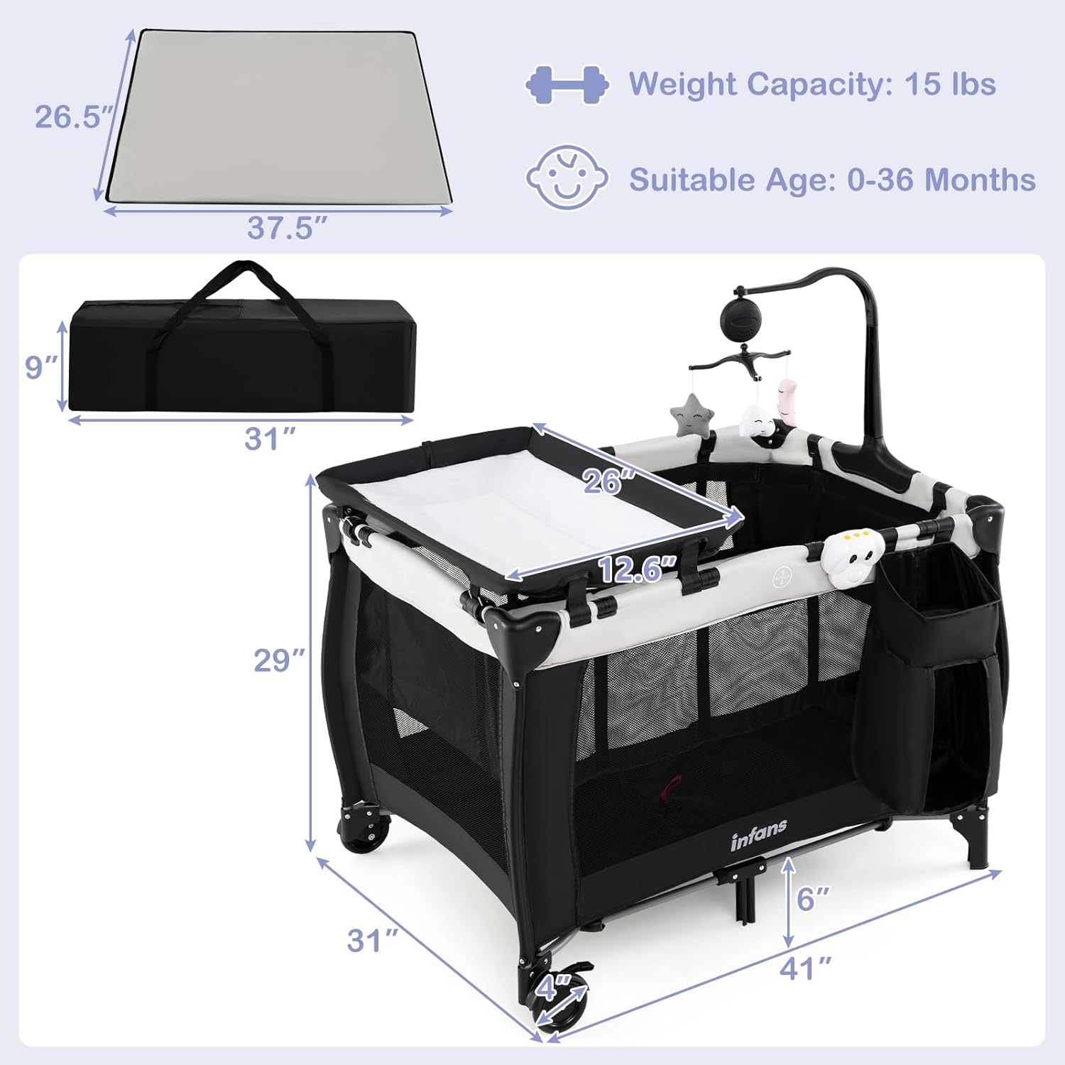 Alternative view of INFANS 3 in 1 Pack and Play, Portable Travel Baby Crib Bassinet with Detachable Mattress, Newborn Changing Table, Foldable Playpen with Carry Bag and 2 Wheels (Morden)