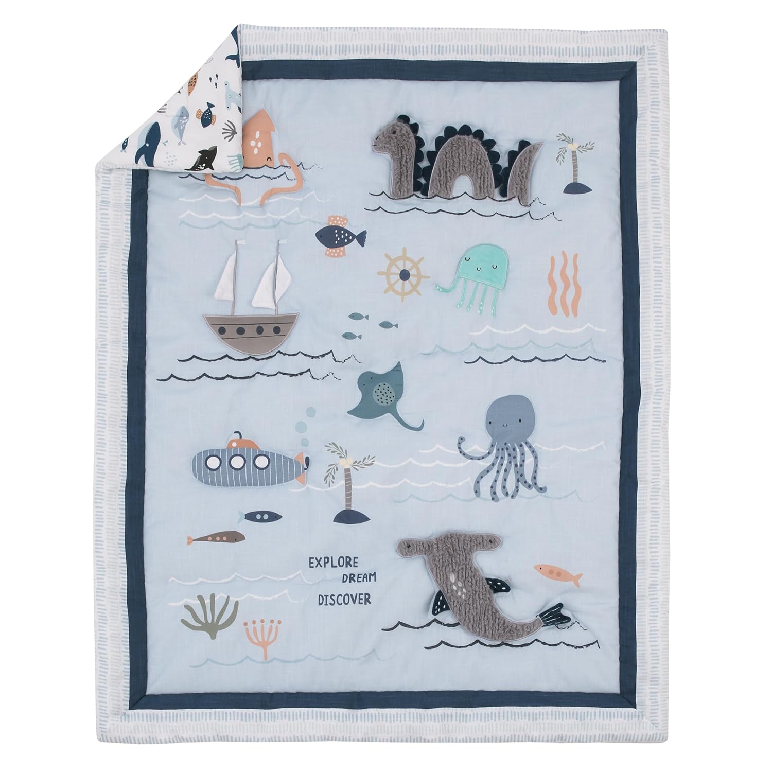 NoJo Explore Dream Discover Light Blue, Navy, Gray and Coral Ocean 4 Piece Nursery Crib Bedding Set - Comforter, 100% Cotton Fitted Crib Sheet, Crib Skirt and Nursery Organizer