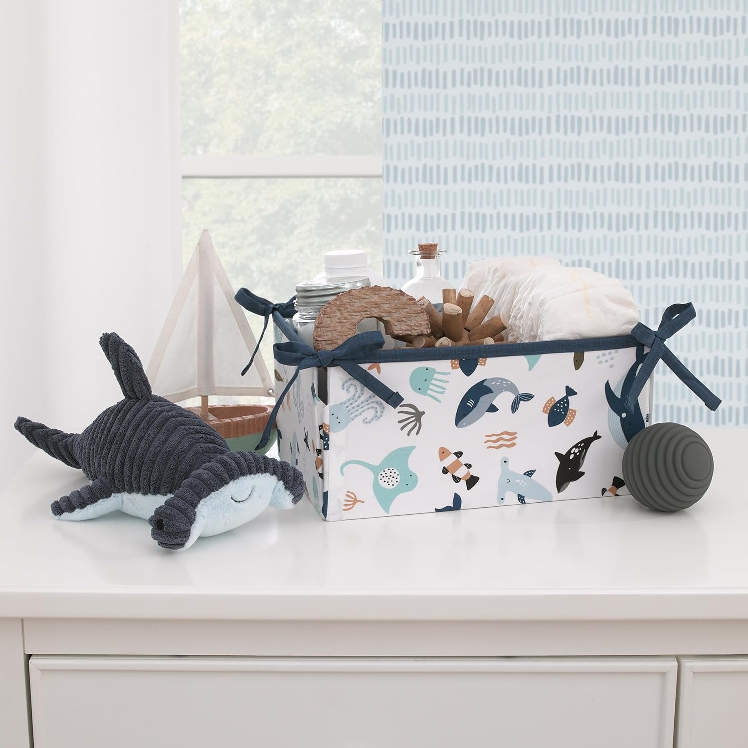 NoJo Explore Dream Discover Light Blue, Navy, Gray and Coral Ocean 4 Piece Nursery Crib Bedding Set - Comforter, 100% Cotton Fitted Crib Sheet, Crib Skirt and Nursery Organizer - Image 5