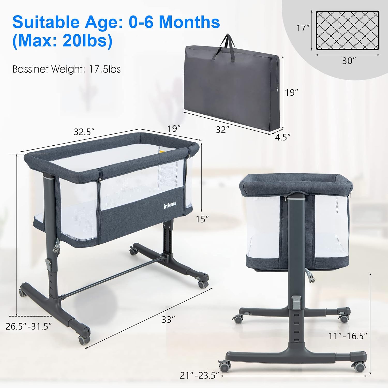 INFANS 3 in 1 Baby Bassinet, Bedside Sleeper for Newborn, Folding Crib with Mattress, Travel Bag, Wheels, 4-Sided Mesh, Easy to Assemble Cradle Co Sleeper Stationary, Rock (Dark Grey)