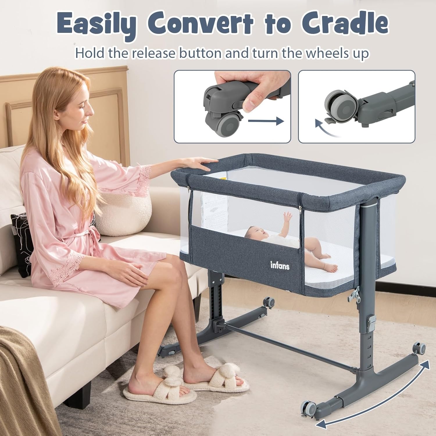 Alternative view of INFANS 3 in 1 Baby Bassinet, Bedside Sleeper for Newborn, Folding Crib with Mattress, Travel Bag, Wheels, 4-Sided Mesh, Easy to Assemble Cradle Co Sleeper Stationary, Rock (Dark Grey)