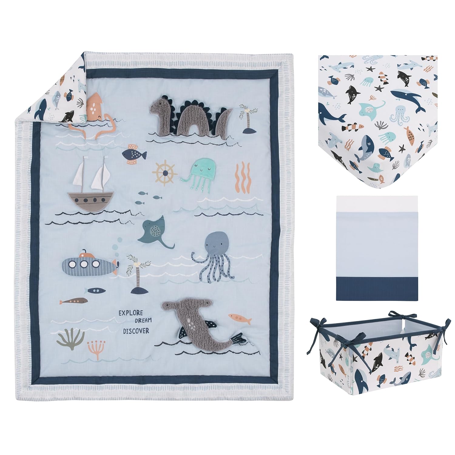 NoJo Explore Dream Discover Light Blue, Navy, Gray and Coral Ocean 4 Piece Nursery Crib Bedding Set - Comforter, 100% Cotton Fitted Crib Sheet, Crib Skirt and Nursery Organizer - Image 6