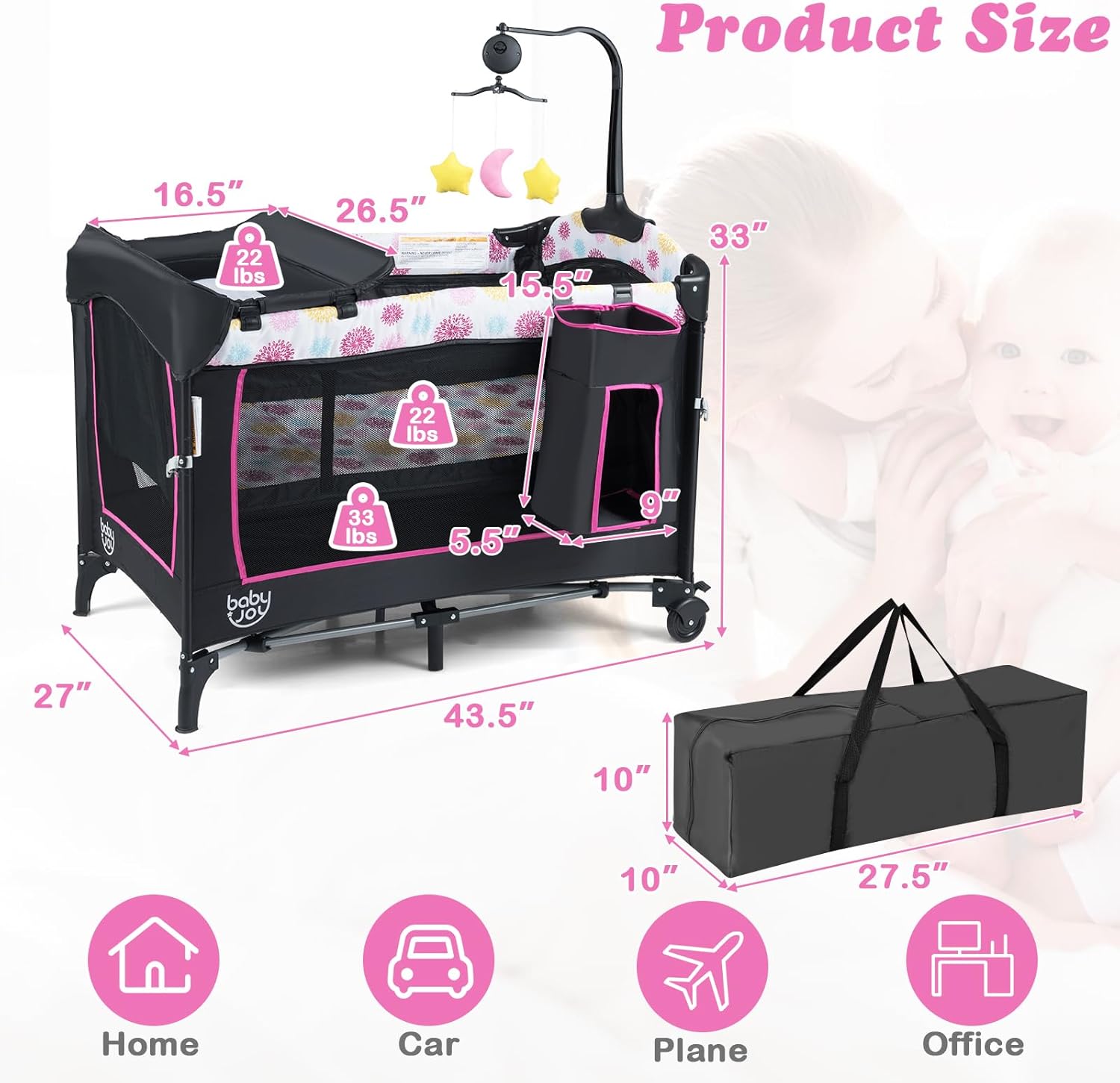 Alternative view of BABY JOY 4 in 1 Pink Pack and Play, Baby Bedside Sleeper with 3 Adjustable Heights, Music Box, Foldable Bedside Crib w/Changing Table, Baby Playards with Bassinet from Newborn to Toddlers Rose