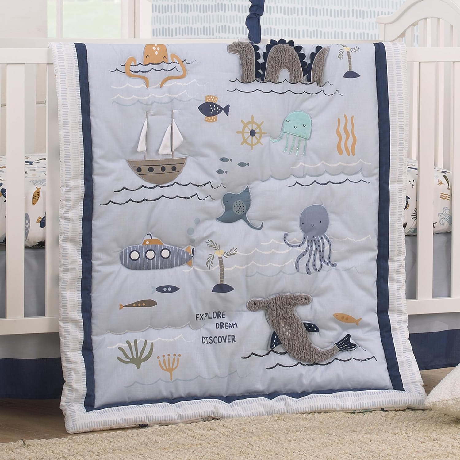 NoJo Explore Dream Discover Light Blue, Navy, Gray and Coral Ocean 4 Piece Nursery Crib Bedding Set - Comforter, 100% Cotton Fitted Crib Sheet, Crib Skirt and Nursery Organizer - Image 8