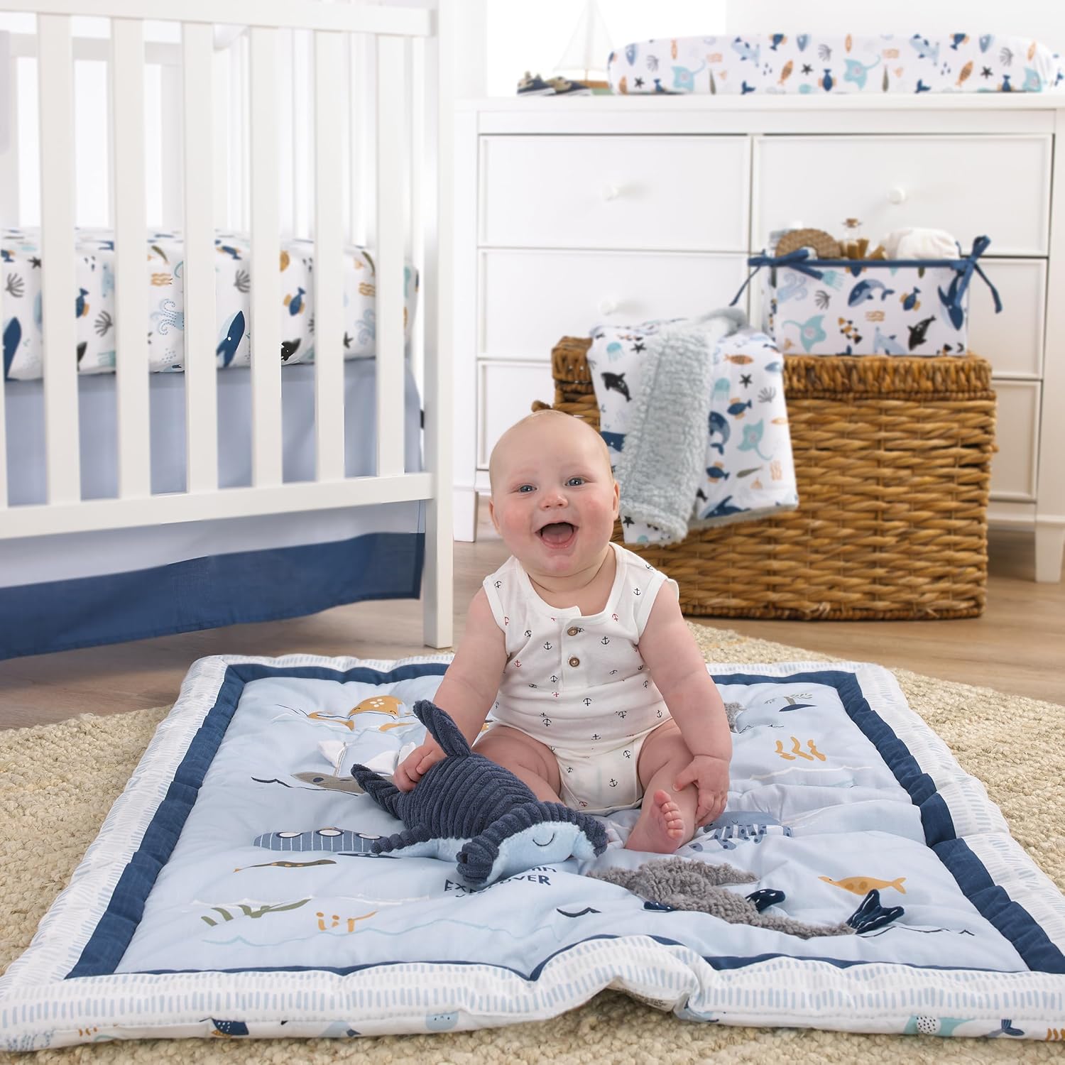 NoJo Explore Dream Discover Light Blue, Navy, Gray and Coral Ocean 4 Piece Nursery Crib Bedding Set - Comforter, 100% Cotton Fitted Crib Sheet, Crib Skirt and Nursery Organizer - Image 9