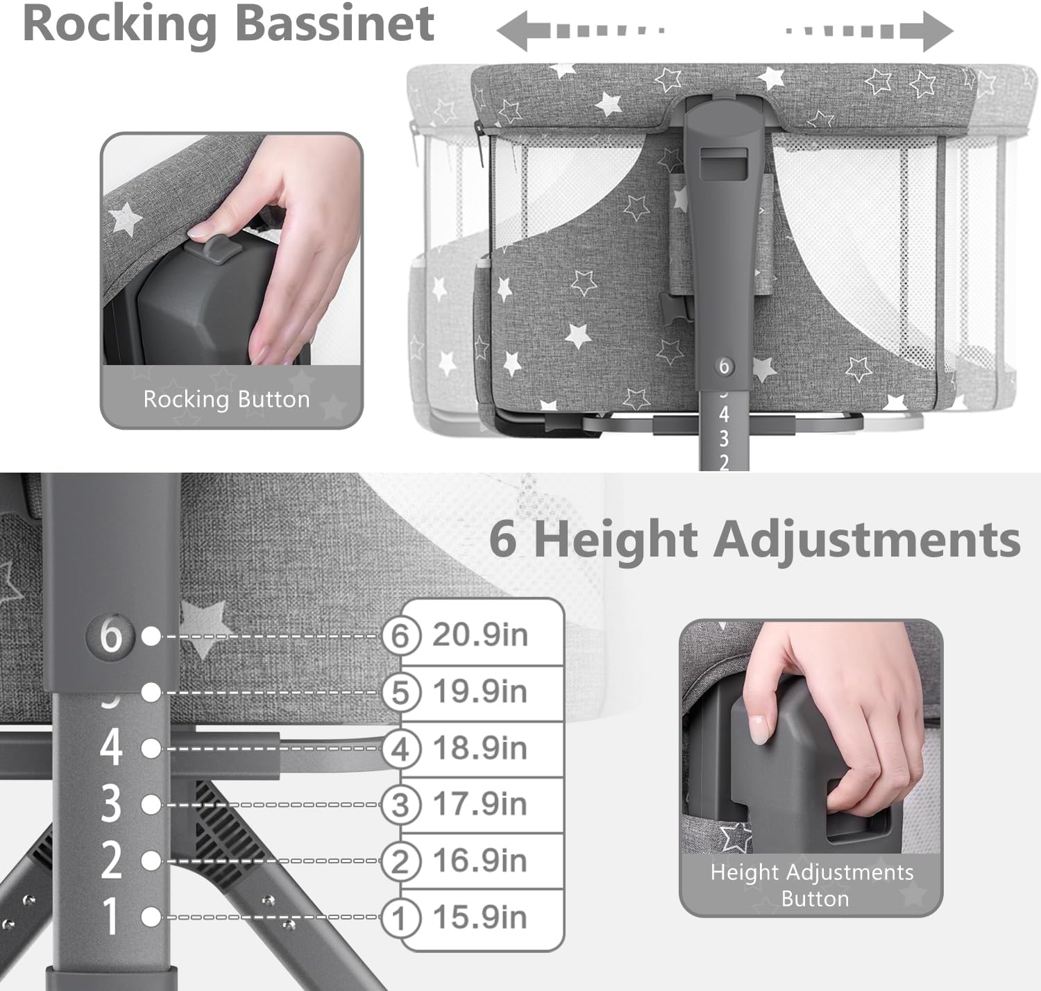 Alternative view of BIUSIKAN 3 in 1 Baby Bassinet, Rocking Bassinet Bedside Sleeper with Comfy Mattress and Breathable Mesh, 6 Height Adjustable & Upgraded Wheels Portable Bedside Crib for Newborn