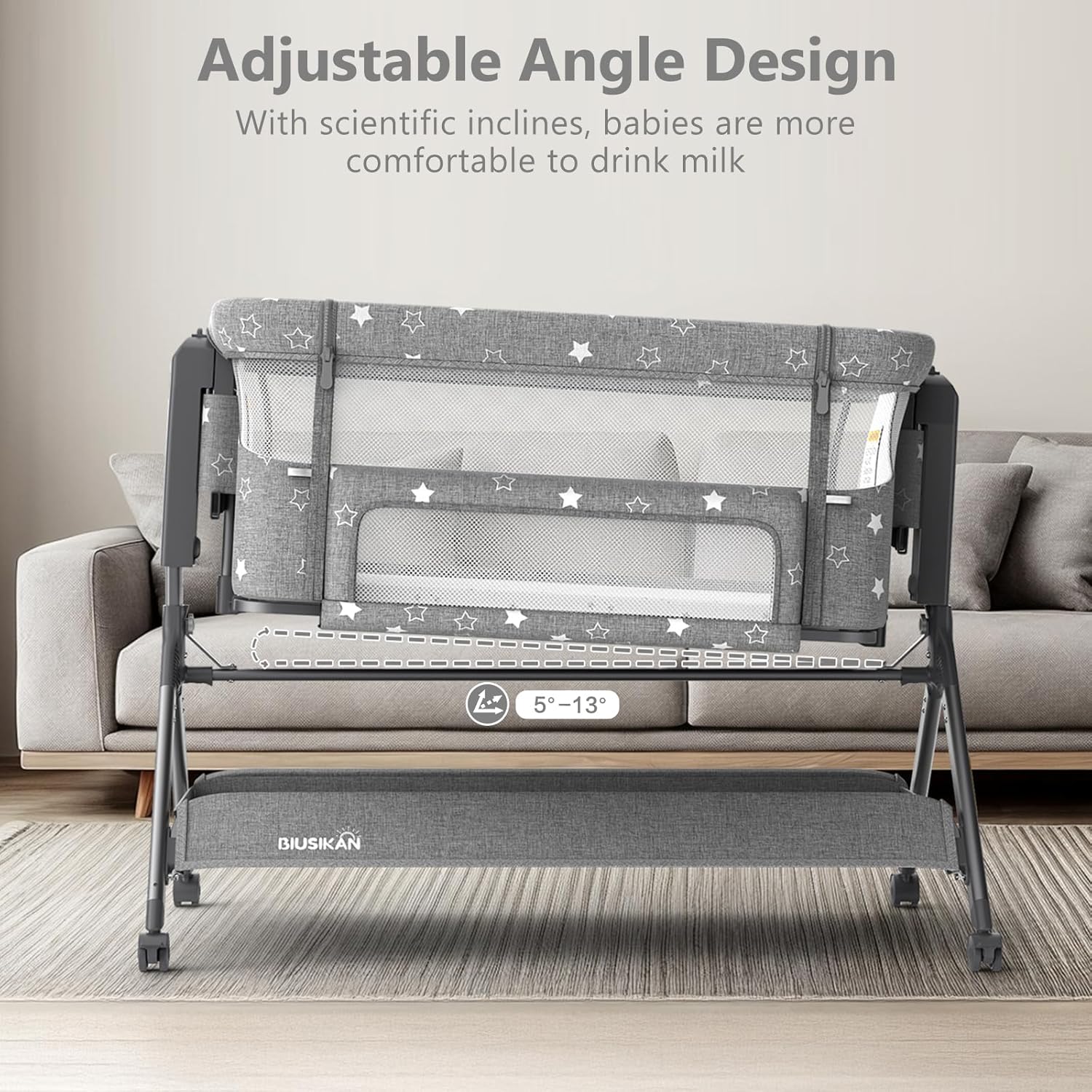 BIUSIKAN 3 in 1 Baby Bassinet, Rocking Bassinet Bedside Sleeper with Comfy Mattress and Breathable Mesh, 6 Height Adjustable & Upgraded Wheels Portable Bedside Crib for Newborn - Image 5