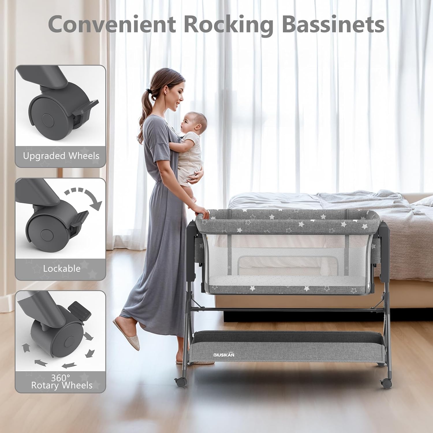 BIUSIKAN 3 in 1 Baby Bassinet, Rocking Bassinet Bedside Sleeper with Comfy Mattress and Breathable Mesh, 6 Height Adjustable & Upgraded Wheels Portable Bedside Crib for Newborn - Image 6