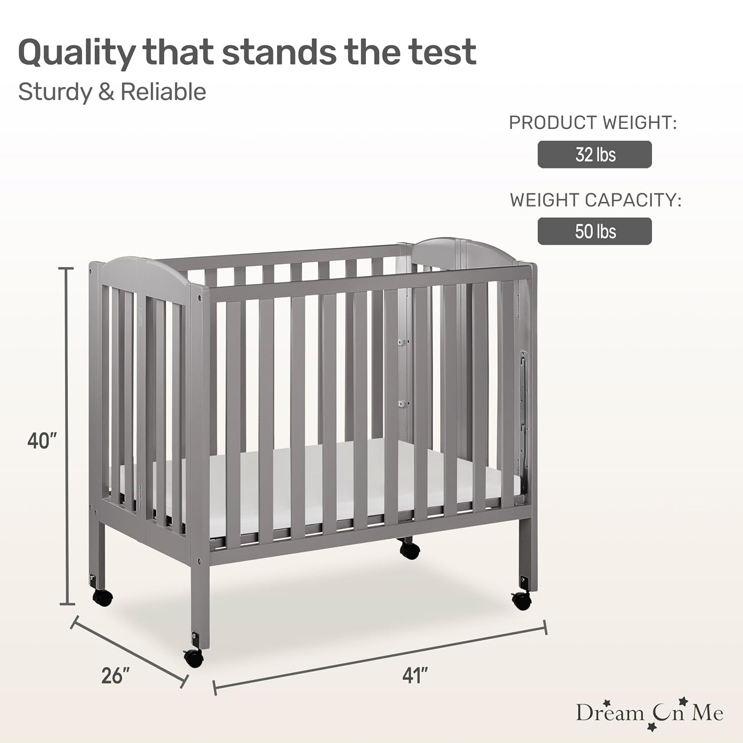 3 in 1 Portable Folding Stationary Side Crib in Steel Grey, Greenguard Gold Certified, Safety Wheels with Locking Casters, Convertible, 3 Mattress Heights