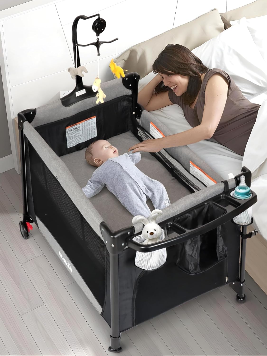 BIUSIKAN 3 in 1 Baby Bassinet, Rocking Bassinet Bedside Sleeper with Comfy Mattress and Breathable Mesh, 6 Height Adjustable & Upgraded Wheels Portable Bedside Crib for Newborn - Image 9