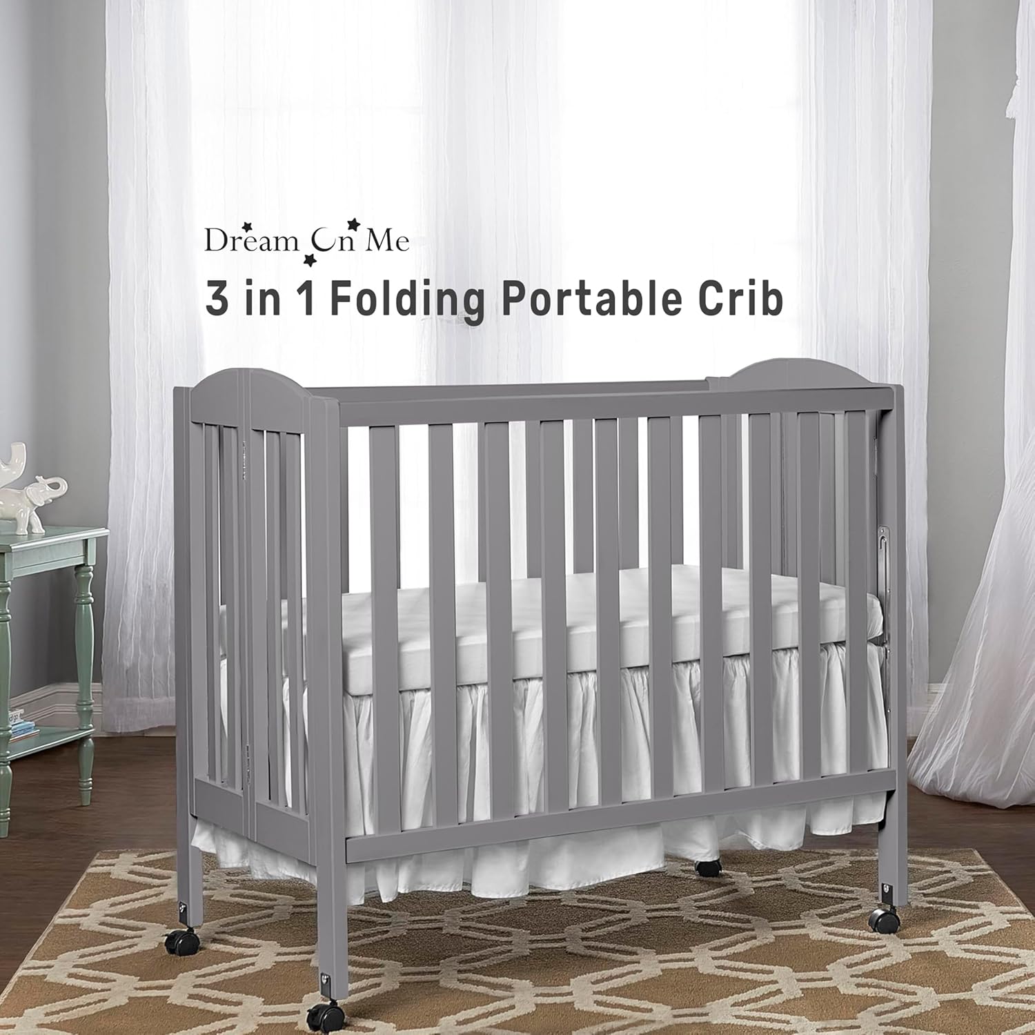 Alternative view of 3 in 1 Portable Folding Stationary Side Crib in Steel Grey, Greenguard Gold Certified, Safety Wheels with Locking Casters, Convertible, 3 Mattress Heights