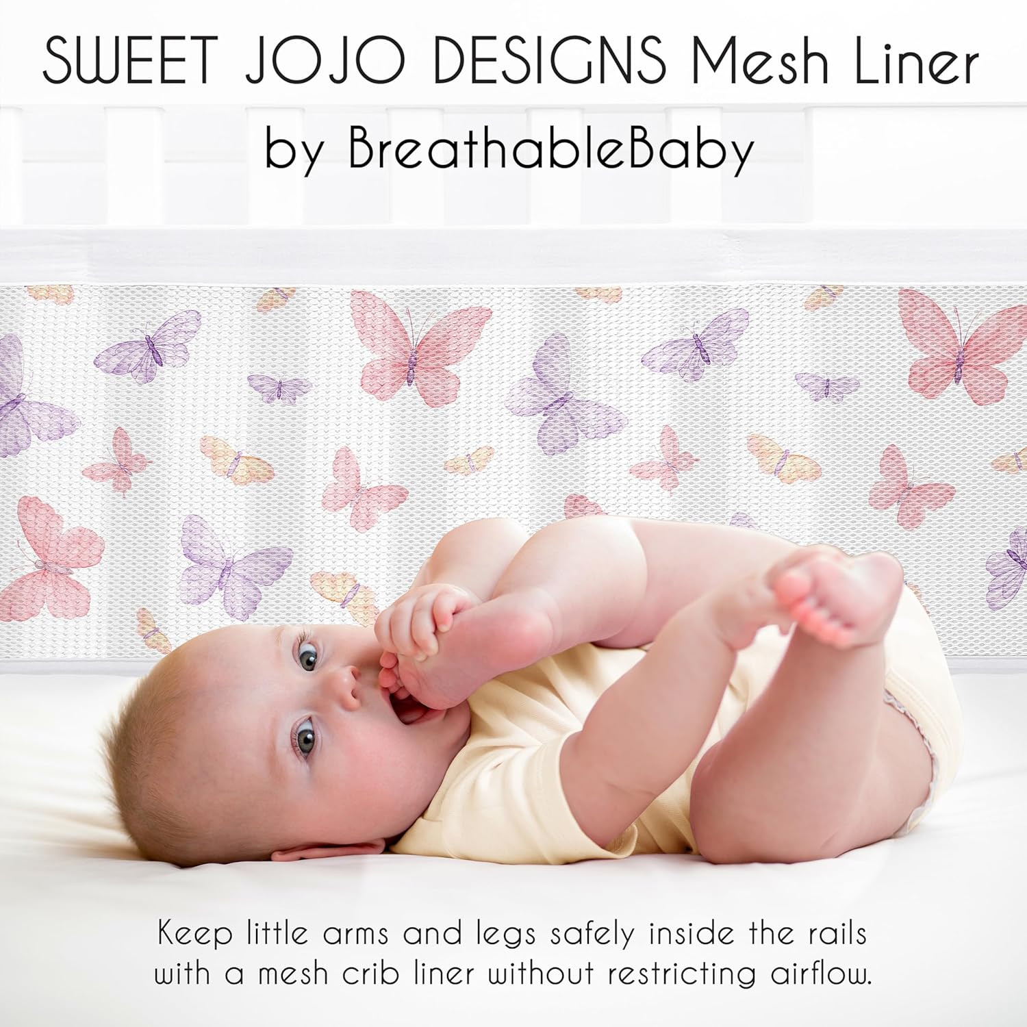 Alternative view of Sweet Jojo Designs + BreathableBaby 2-Piece Breathable Mesh Crib Liner Set (Pink/Purple Shabby Chic Butterfly) for Girls, Baby, Infants/Newborn Nursery (Colorful Butterflies Pastel, Lilac Watercolor)