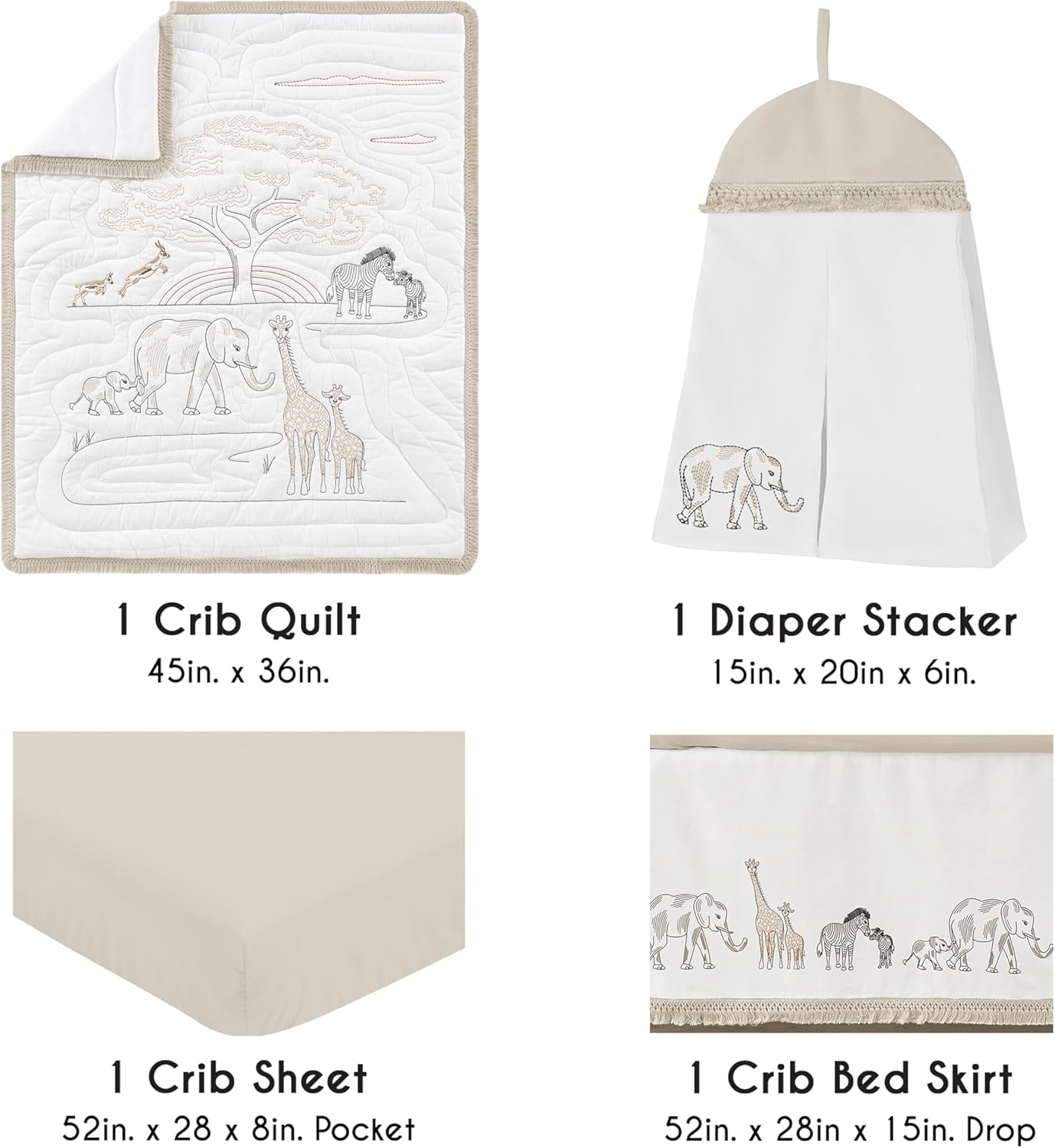Sweet Jojo Designs 4-Piece Baby Crib Bedding Set (100% Cotton Jungle Animals) for Boys or Girls, Infants/Nursery incl. Blanket, Fitted Sheet, Skirt, Diaper Stacker (Neutral, Wildlife Safari, Elephant)