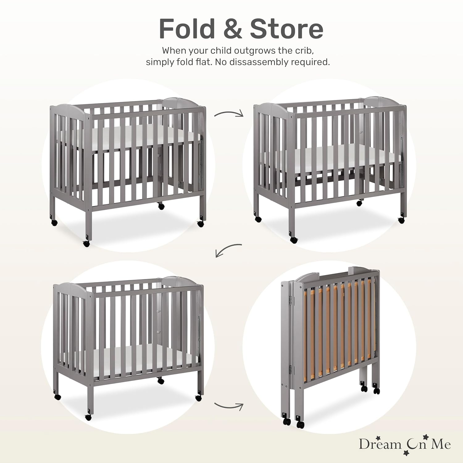 3 in 1 Portable Folding Stationary Side Crib in Steel Grey, Greenguard Gold Certified, Safety Wheels with Locking Casters, Convertible, 3 Mattress Heights - Image 5