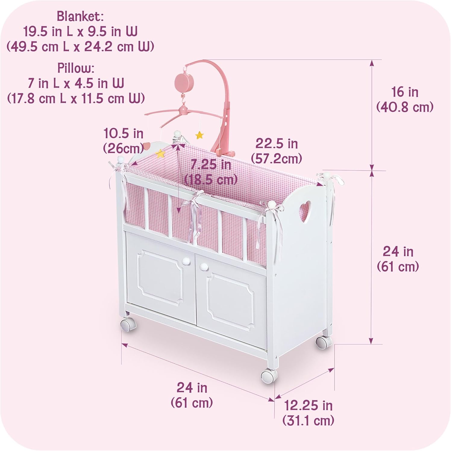 Alternative view of Badger Basket Wooden Toy Doll Bed with Storage, Mobile, and Bedding to Pretend and Play - Includes Wheels and Free Personalization Kit - White with Pink Gingham Fabric