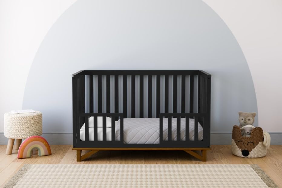 Storkcraft Santa Monica 5-in-1 Convertible Crib (Black with Vintage Driftwood) u2013 GREENGUARD Gold Certified, Modern Design, Two-Tone Baby Crib, Converts to Toddler Bed, Daybed and Full-Size Bed