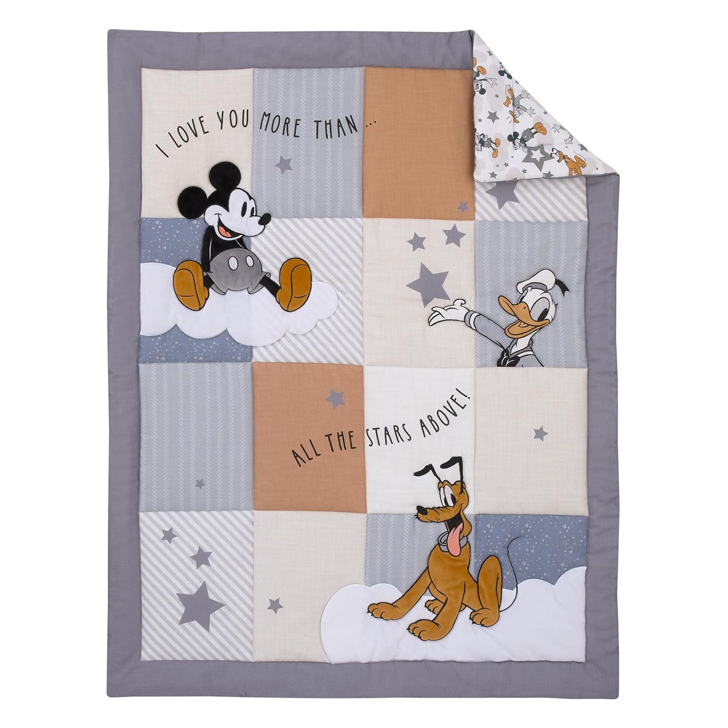 NoJo Disney Mickey Mouse Love Mickey Gray, Navy, and Tan Donald Duck and Pluto, Clouds and Stars 3 Piece Nursery Crib Bedding Set - Comforter, Fitted Crib Sheet, and Crib Skirt