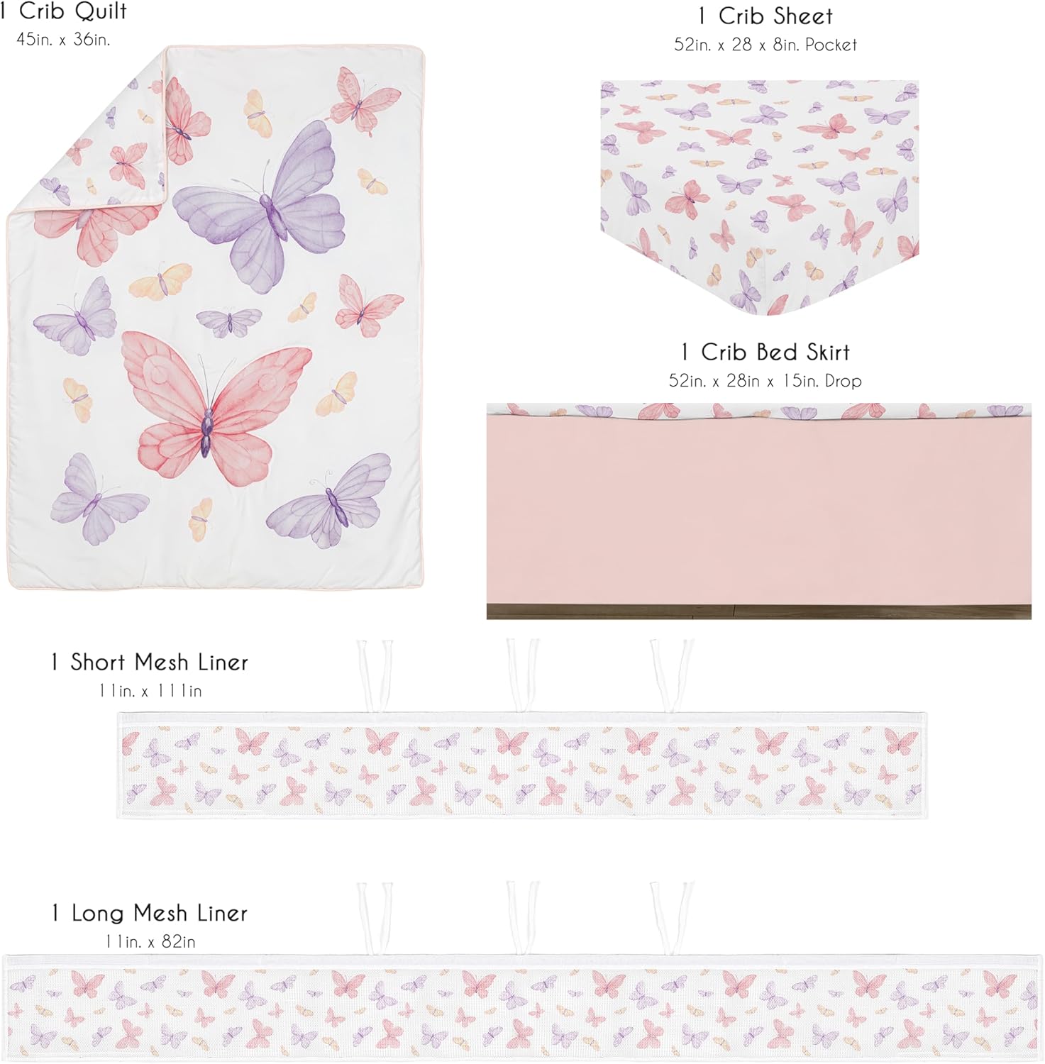 Sweet Jojo Designs 5-Piece Baby Crib Bedding Set (Pink/Purple Shabby Chic Butterfly) for Girls, Infants/Nursery incl. BreathableBaby Mesh Liner, Blanket, Fitted Sheet, Skirt, Diaper Stacker (Colorful)