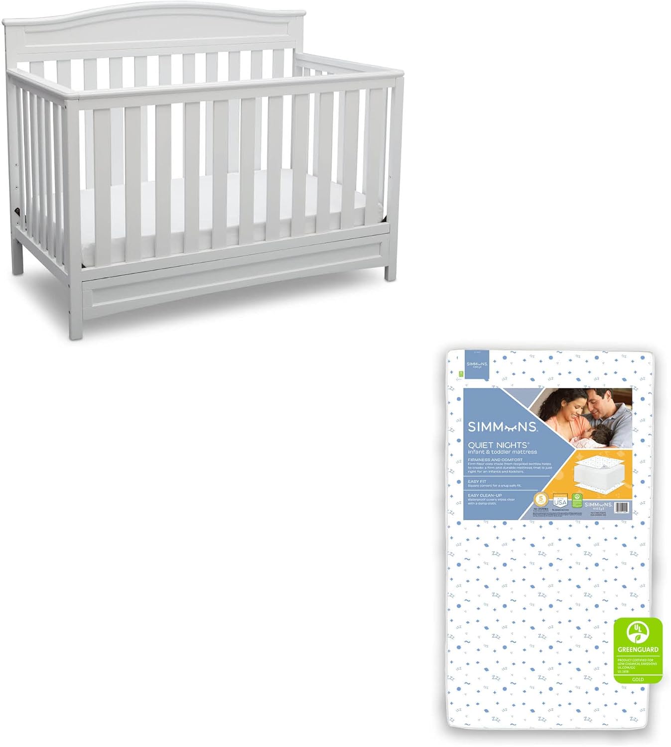 Delta Children Emery 4-in-1 Crib, Dark Chocolate + Simmons Kids Quiet Nights Dual Sided Crib and Toddler Mattress (Bundle)