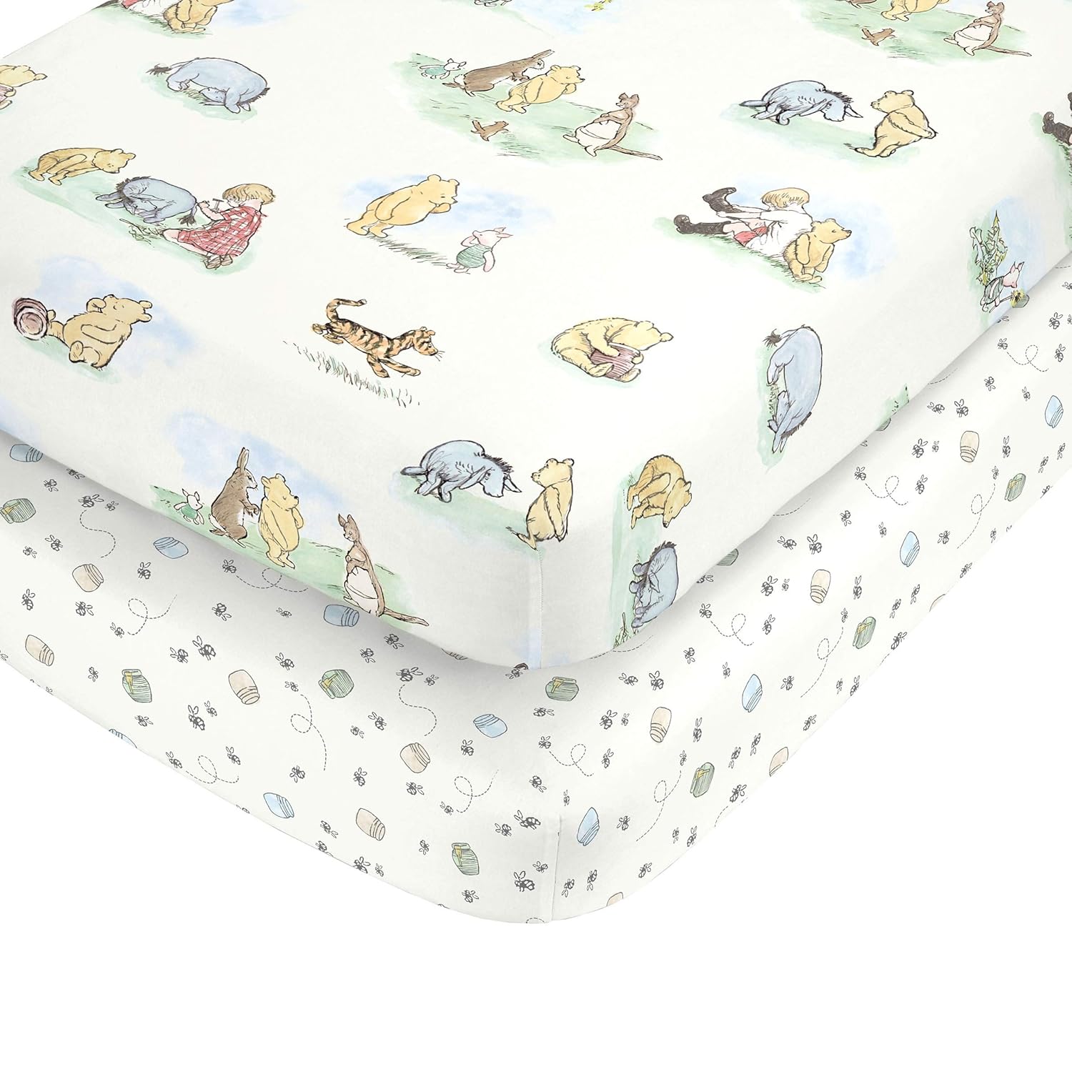 Disney Winnie The Pooh Classic Pooh Ivory, Blue, Sage, Tan Storybook 6 Piece Nursery Crib Bedding Set - Comforter, 2 Fitted Crib Sheets, Dust Ruffle, Baby Blanket, Changing Pad Cover - Image 4
