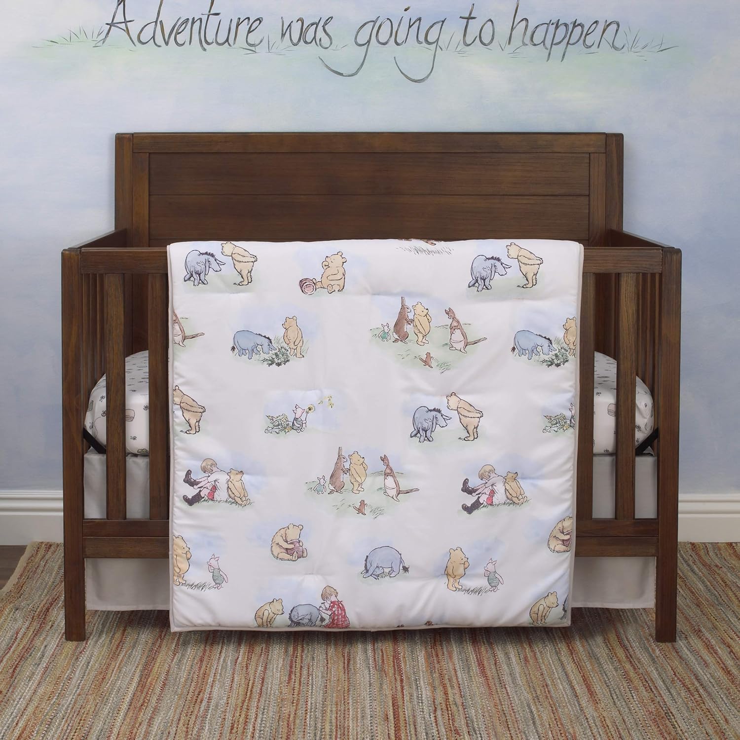 Disney Winnie The Pooh Classic Pooh Ivory, Blue, Sage, Tan Storybook 6 Piece Nursery Crib Bedding Set - Comforter, 2 Fitted Crib Sheets, Dust Ruffle, Baby Blanket, Changing Pad Cover - Image 8
