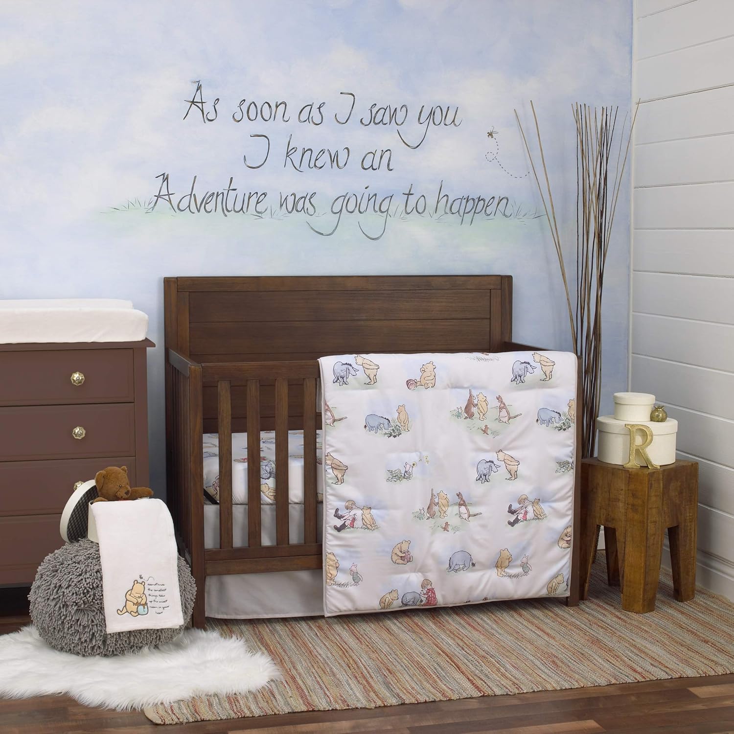 Disney Winnie The Pooh Classic Pooh Ivory, Blue, Sage, Tan Storybook 6 Piece Nursery Crib Bedding Set - Comforter, 2 Fitted Crib Sheets, Dust Ruffle, Baby Blanket, Changing Pad Cover - Image 9