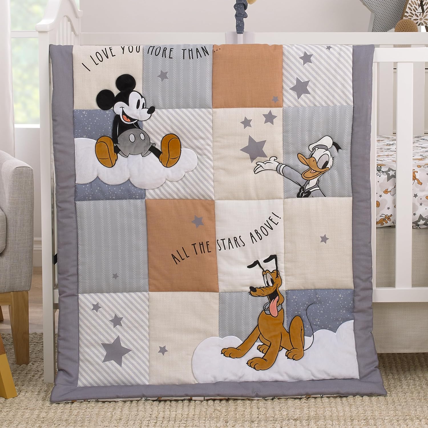 NoJo Disney Mickey Mouse Love Mickey Gray, Navy, and Tan Donald Duck and Pluto, Clouds and Stars 3 Piece Nursery Crib Bedding Set - Comforter, Fitted Crib Sheet, and Crib Skirt - Image 7