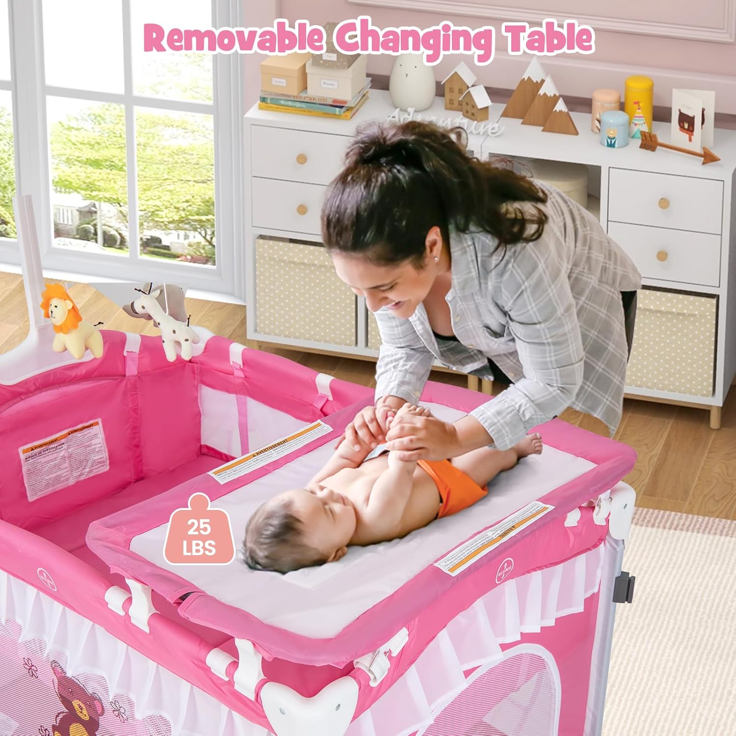 BABY JOY 4 in 1 Pack and Play with Canopy, Portable Baby Playard with Bassinet, Double-Layer Baby Crib, Wheels & Brake, Foldable Baby Girl Pink Princess Bassinet from Newborn to Toddler