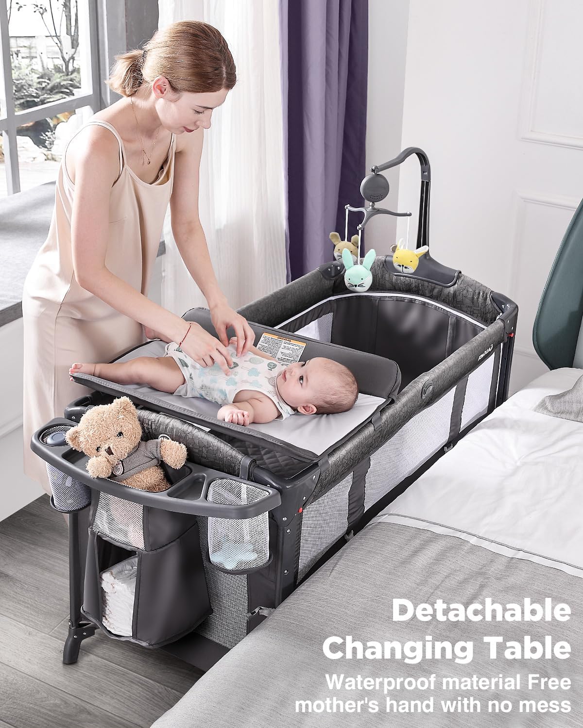 Alternative view of ADOVEL Baby Bassinet Bedside Crib, Pack and Play with Mattress, Diaper Changer and Playards from Newborn to Toddles, Grey