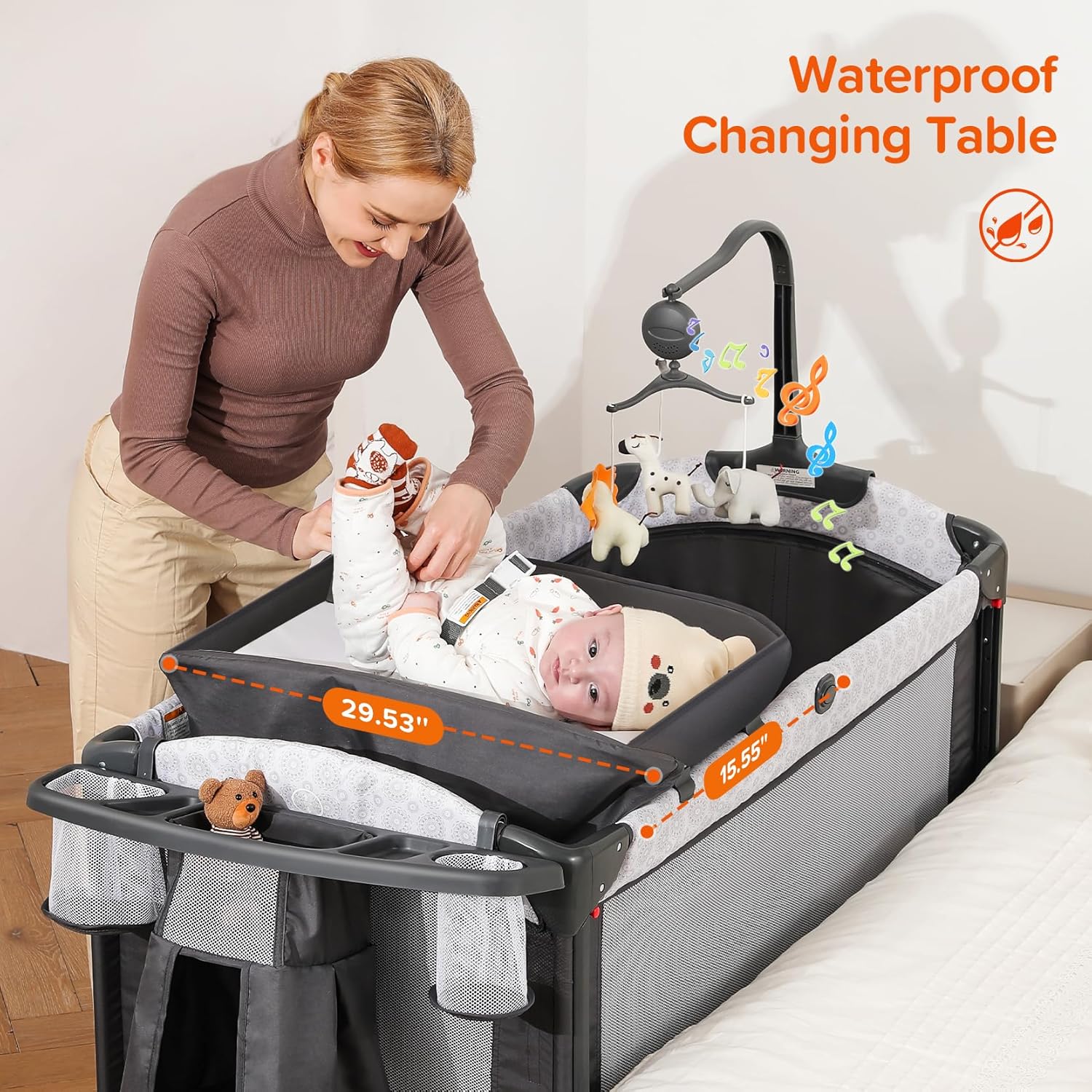 Alternative view of ELEMARA 4 in 1 Baby Bassinet Bedside Crib with Diaper Changer, Mattress, 1-Second Set up Bedside Bassinet with 3 Adjustable Height, Portable Crib with Storage/Toy Bar/Zip Door