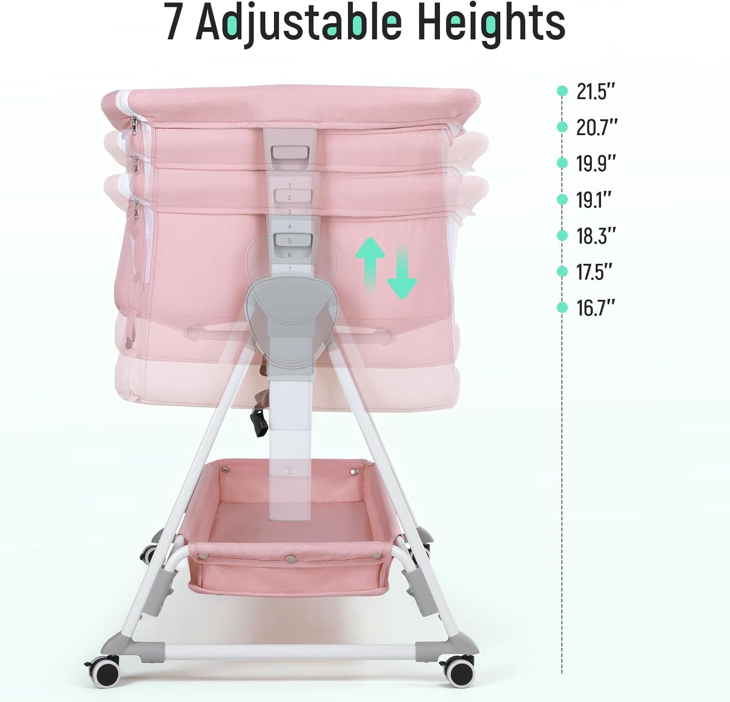 Alternative view of Cowiewie Bassinet Bedside Sleeper, Baby Bassinet with 7 Adjustable Height, Bedside Bassinets for Baby with Breathable Mesh Sides & Mattress, XL Storage, Easy Folding Crib (Pink and White)