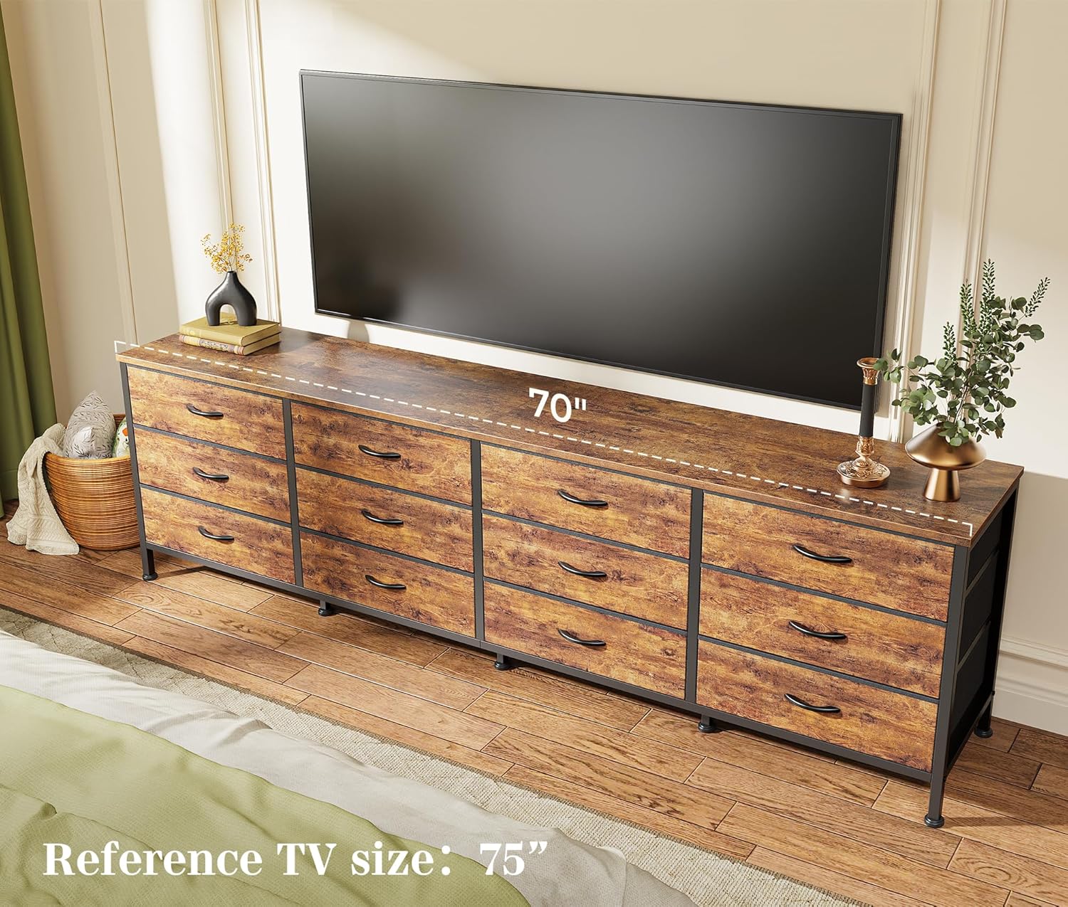 Huuger 70 Inch Dresser for Bedroom, TV Stand for 65, 75, 80 Inch TV, 12 Fabric Drawer Long Dresser, Large Entertainment Center for Bedroom, Wide Chest of Drawer with Storage, Rustic Brown