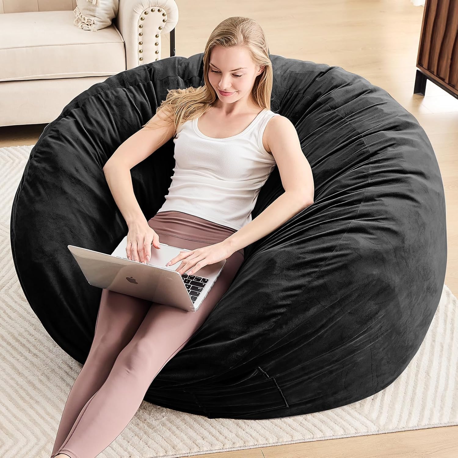 Alternative view of Bean Bag Chairs for Adults - Memory Foam Furniture BeanBag Chair - Kids/Teens Sofa with Soft Micro Fiber Cover - Round Fluffy Couch for Living Room Bedroom College Dorm - Black