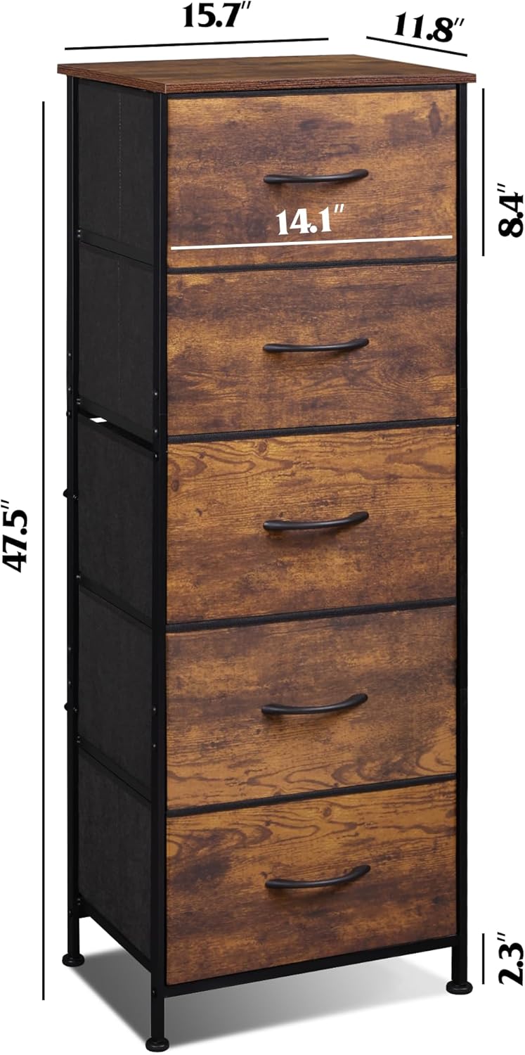 Alternative view of WLIVE Fabric Dresser for Bedroom, 5-Drawer Tall Dressers, Storage Organizer with Fabric Bins, Wood Top, Sturdy Steel Frame, Chest of Drawers for Closet, Hallway, Rustic Brown Wood Grain Print