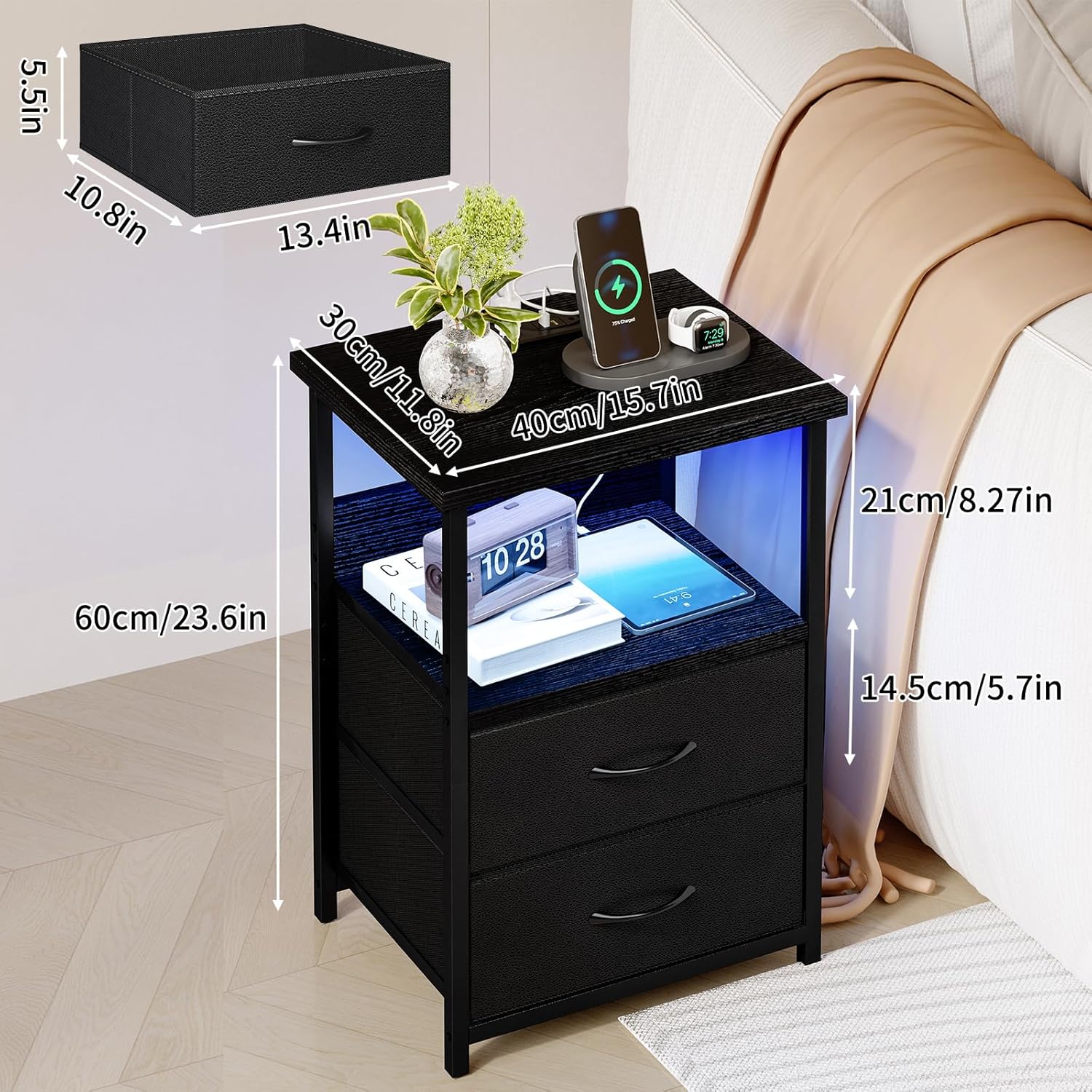 Alternative view of Fixwal Night Stand with Charging Station, LED Nightstand with U-S-B Ports and Outlets, 2 Fabric Storage Drawers with PU Finish, Small Bedside Table, Black