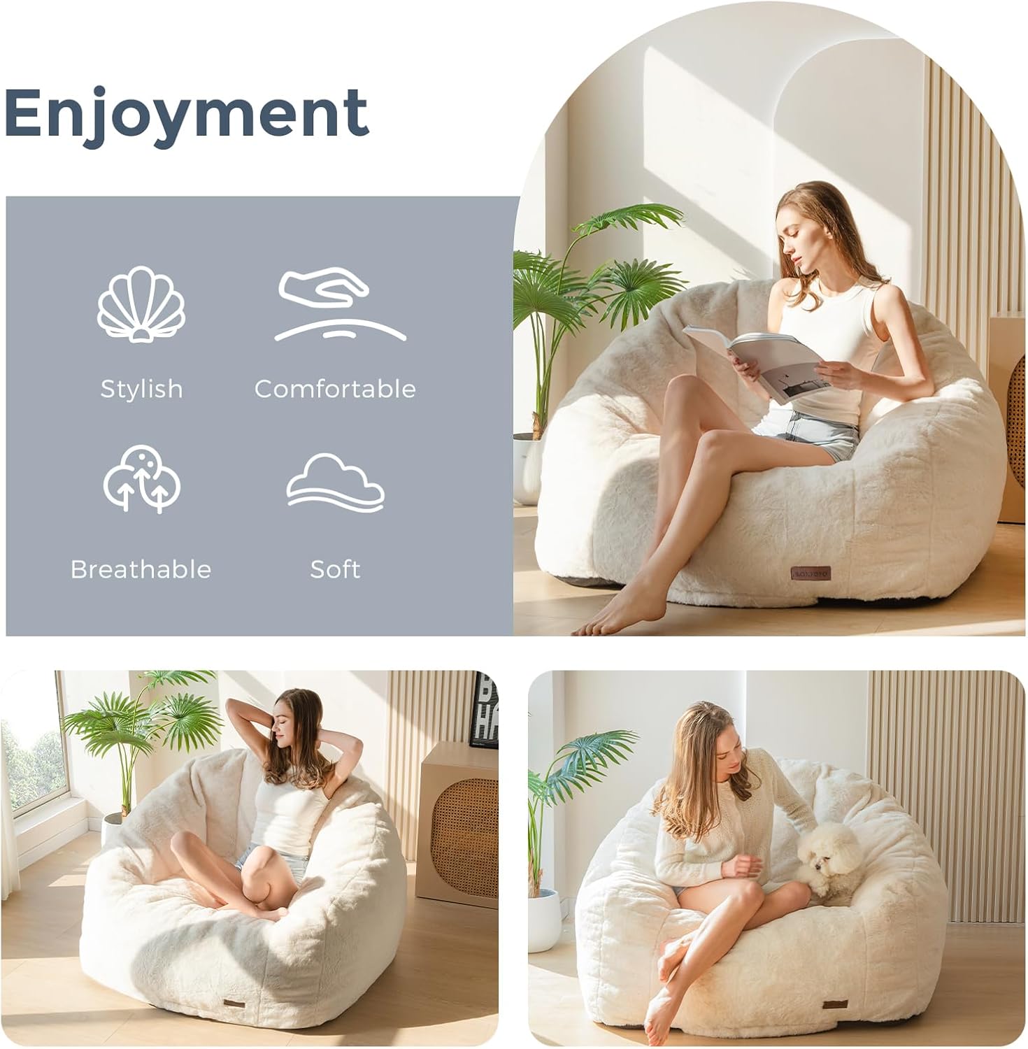 Alternative view of MAXYOYO Giant Bean Bag Chair, Oversized Bean Bag Couch for Adults and Kids, Faux Fur Shell-Shaped Large Chair with Filler, Stuffed Big Accent Sofa Lounge Floor Sofa for Gaming, Reading, Beige