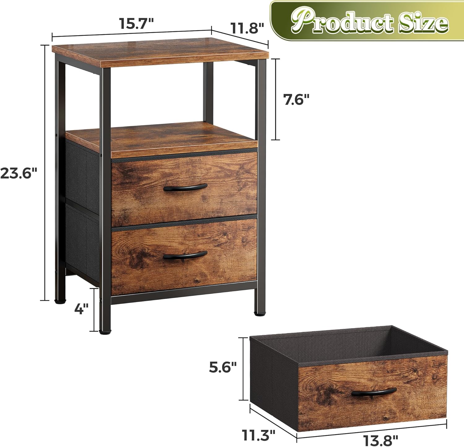 Alternative view of Huuger Night Stand Set of 2, Nightstand with 2 Drawers, Bed Side Table with Open Shelf, Wooden Top, End Table, Fabric Drawer, for Bedroom, Rustic Brown