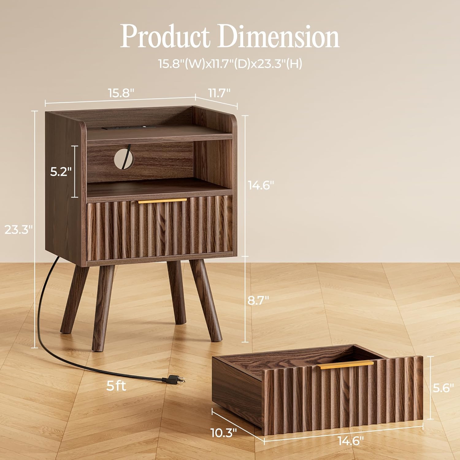 Huuger Nightstand with Charging Station, USB-C Port, Fluted Night Stand Set of 2, Bed Side Table with Drawer, Solid Wood Feet, Open Storage, End Table with Raised Edge, for Bedroom, Walnut