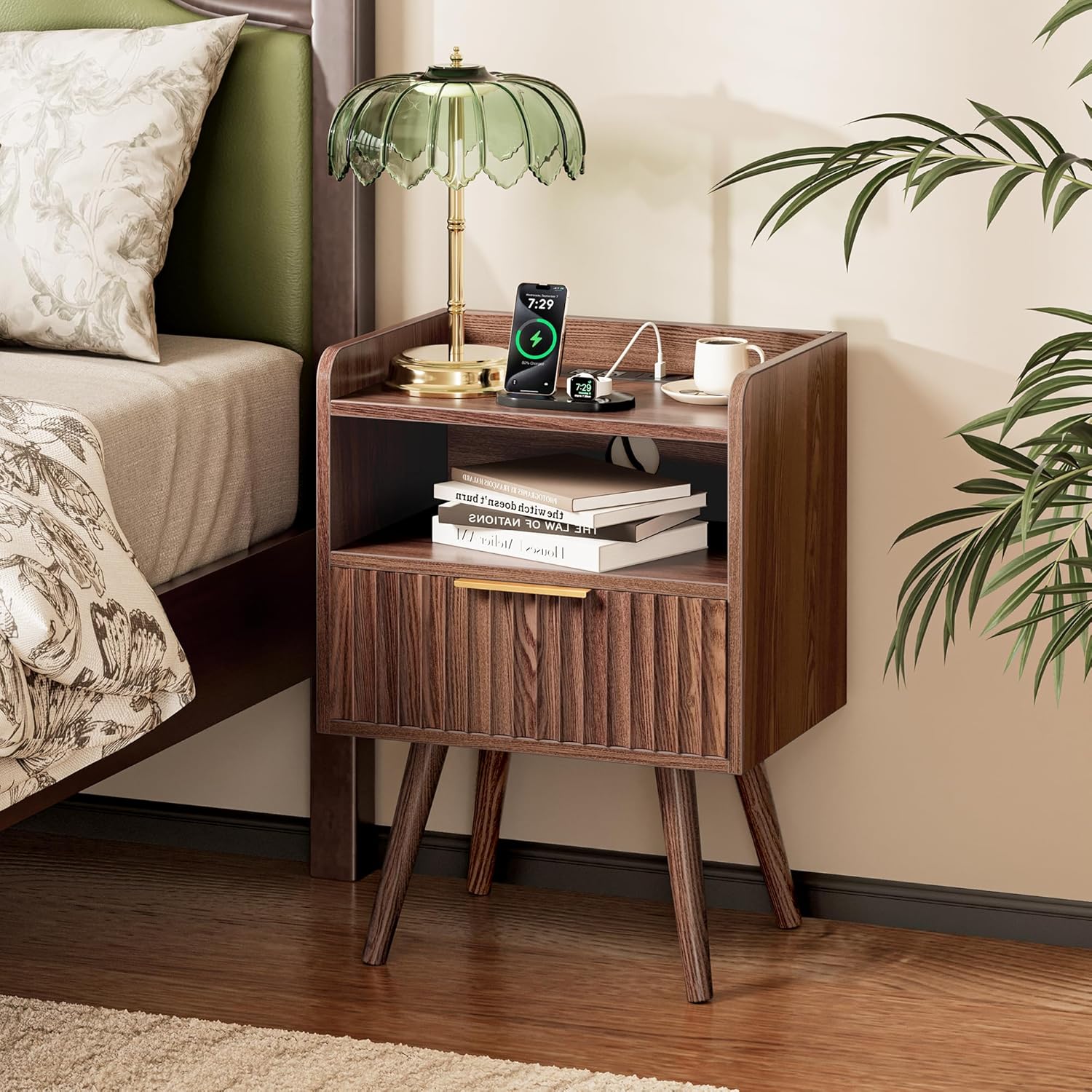 Alternative view of Huuger Nightstand with Charging Station, USB-C Port, Fluted Night Stand Set of 2, Bed Side Table with Drawer, Solid Wood Feet, Open Storage, End Table with Raised Edge, for Bedroom, Walnut