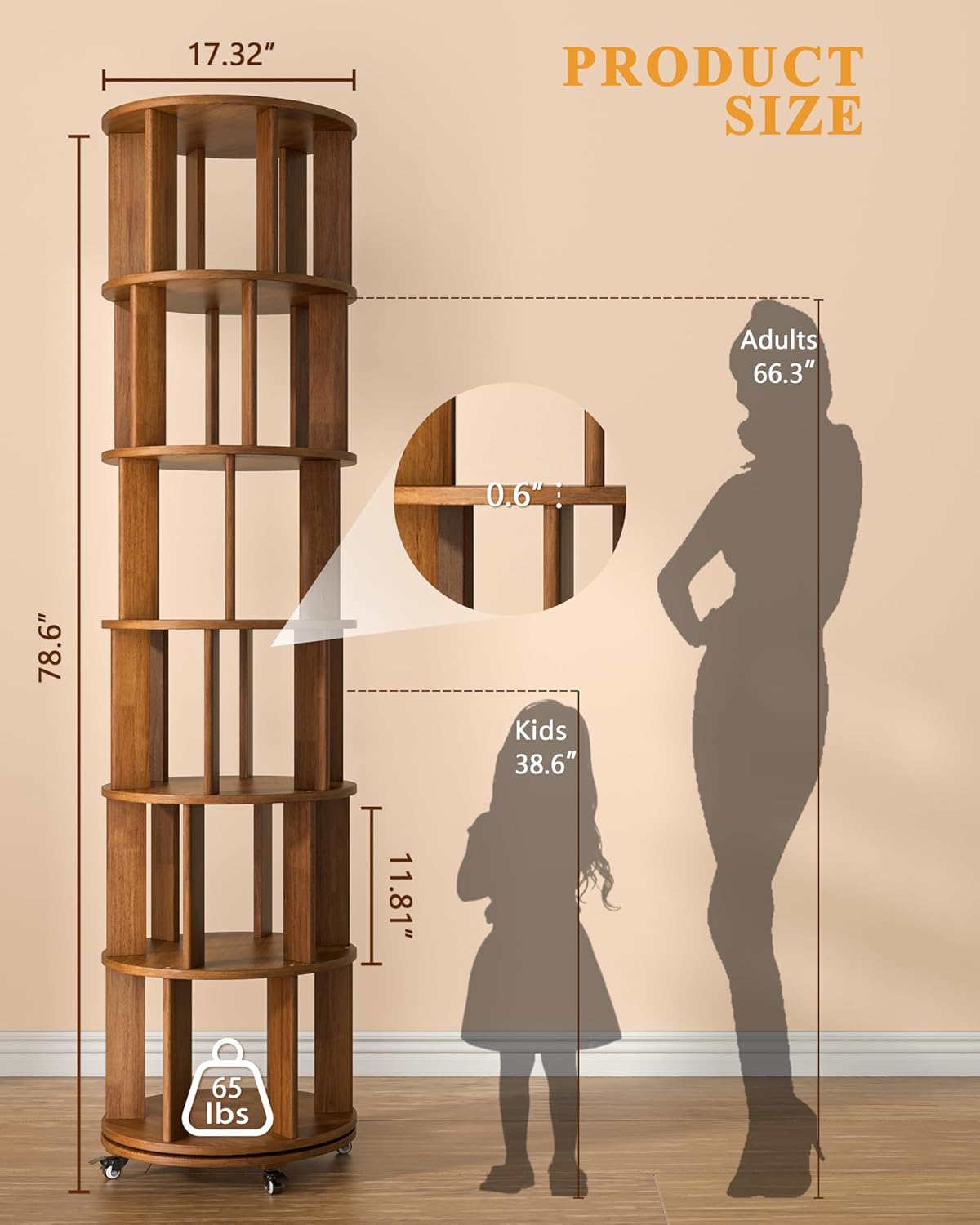 IUNVR Rotating Bookshelf, 6-Tier Solid Wood Spinning Bookshelf with Wheels, 360° Round Vertical Bookcase for Small Spaces, Corner, Bedroom, Home Office, Walnut