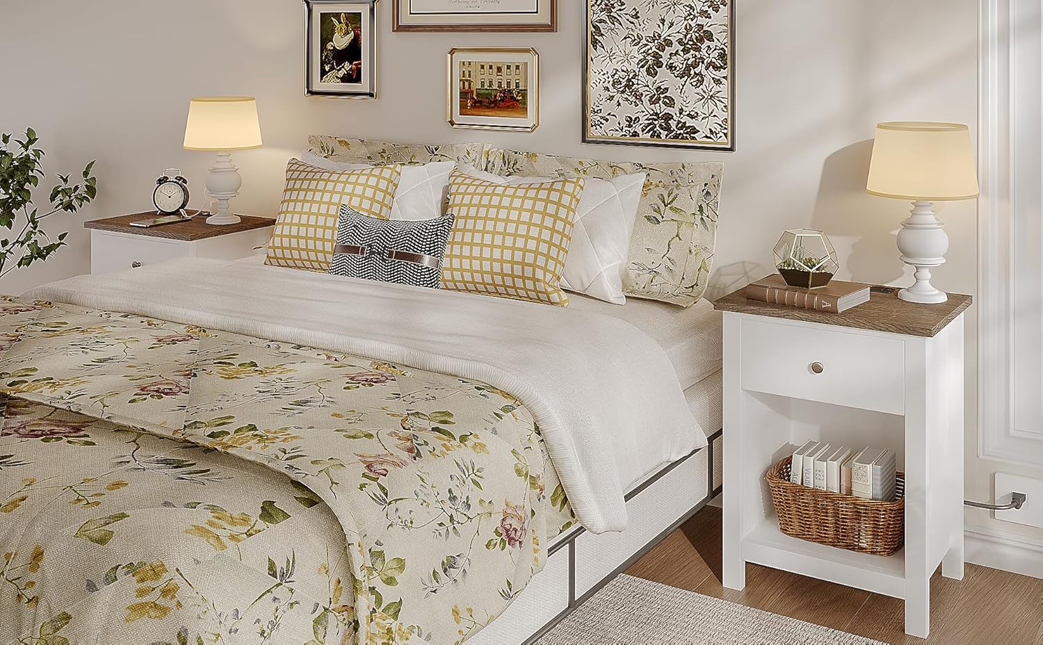 ChooChoo Farmhouse Nightstand Set of 2,Night Stand with Charging Station, Wooden Top Bedside End Table with Drawer and Storage Space for Bedroom, White