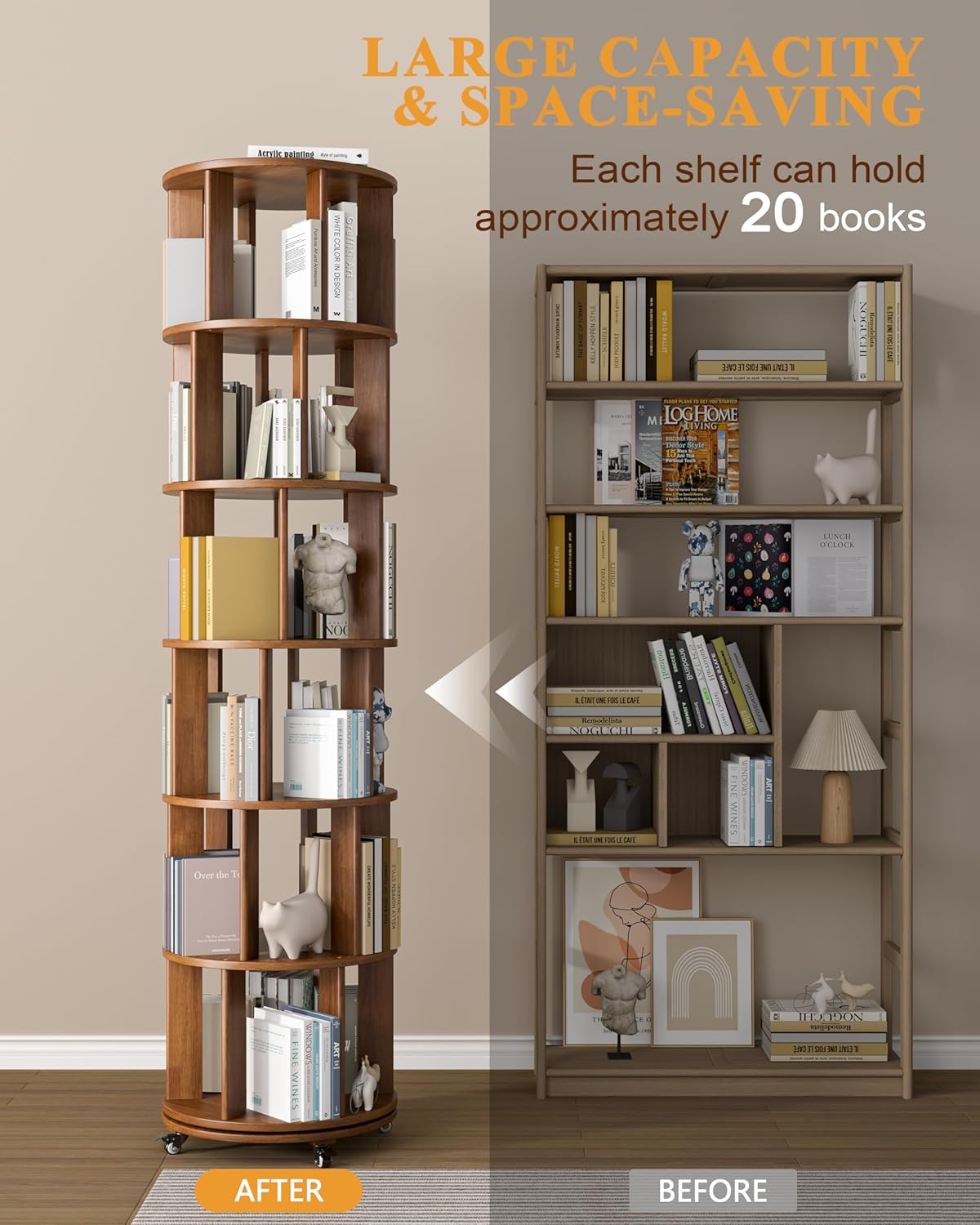 Alternative view of IUNVR Rotating Bookshelf, 6-Tier Solid Wood Spinning Bookshelf with Wheels, 360° Round Vertical Bookcase for Small Spaces, Corner, Bedroom, Home Office, Walnut