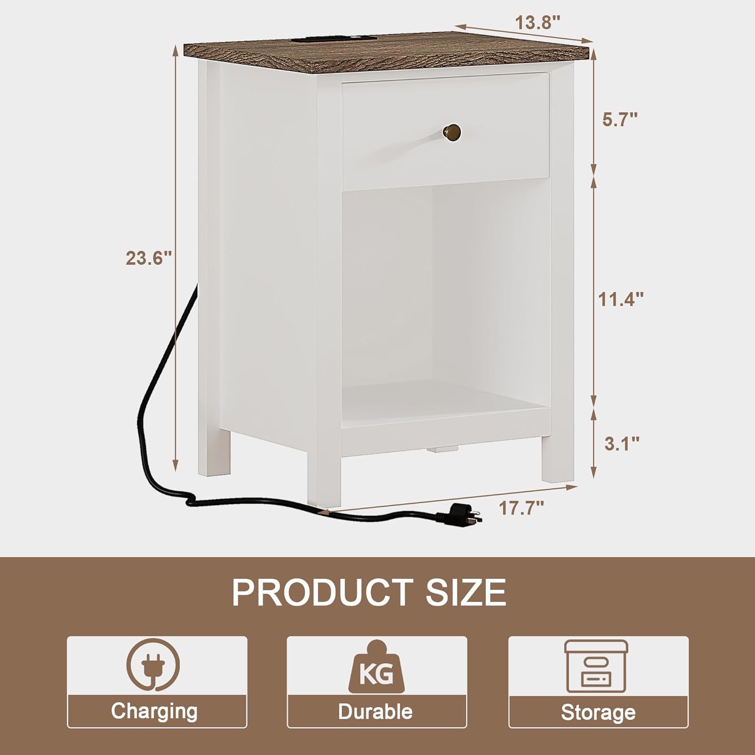 Alternative view of ChooChoo Farmhouse Nightstand Set of 2,Night Stand with Charging Station, Wooden Top Bedside End Table with Drawer and Storage Space for Bedroom, White