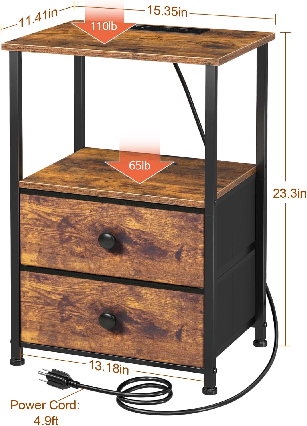 Alternative view of LOAKEKEL Night Stand Set 2, Nightstand with Charging Station, End Tables with Storage Shelf for Small Spaces, Bedside Table Side Tables with 2 Fabric Drawers for Bedroom, Rustic Brown, HETS020PBR