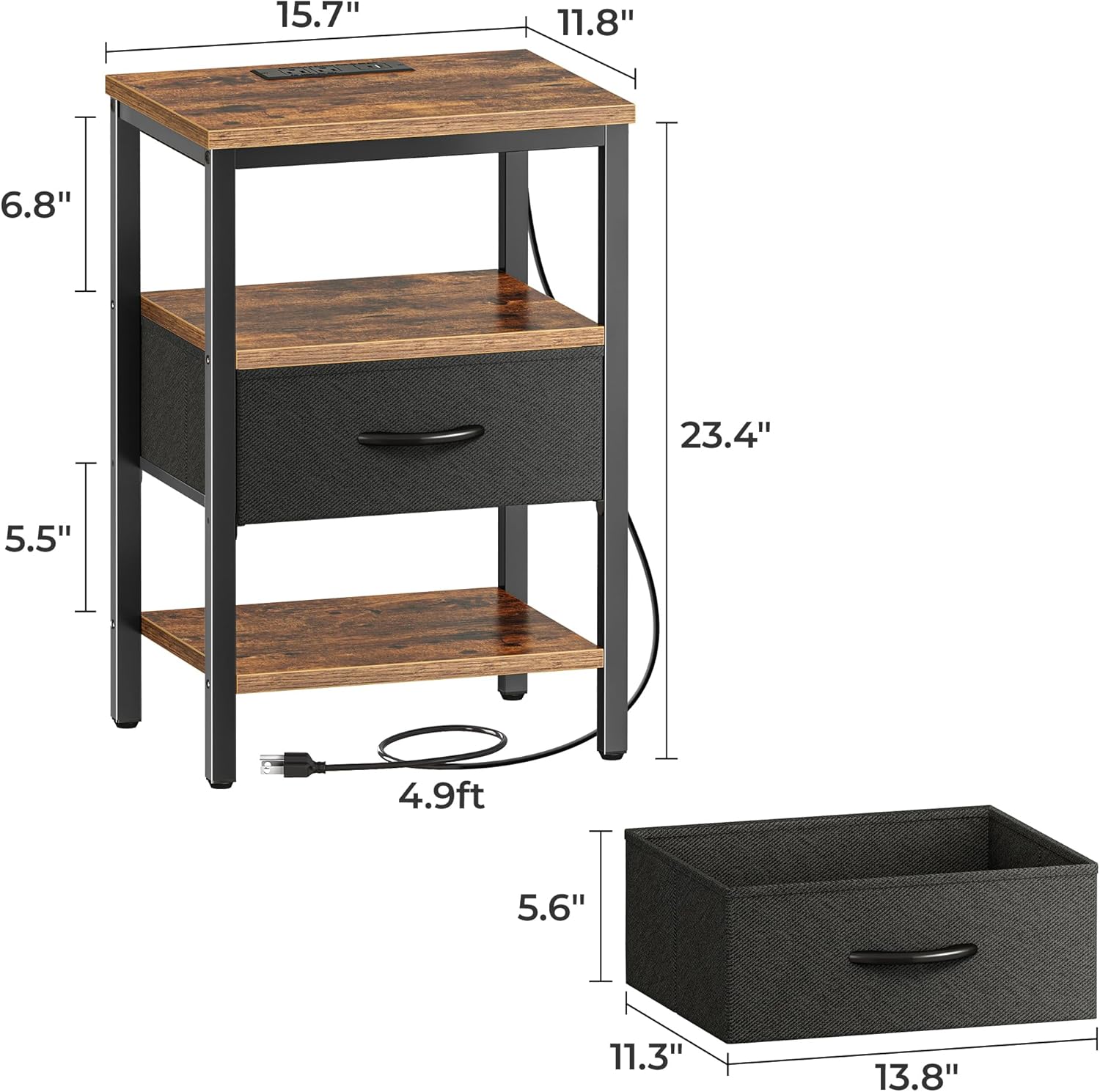 Alternative view of SUPERJARE Nightstand with Charging Station, Bed Side Table with Adjustable Fabric Drawer, Night Stand for Bedroom, 3-Tier Storage End Table, for Living Room, Rustic Brown and Black
