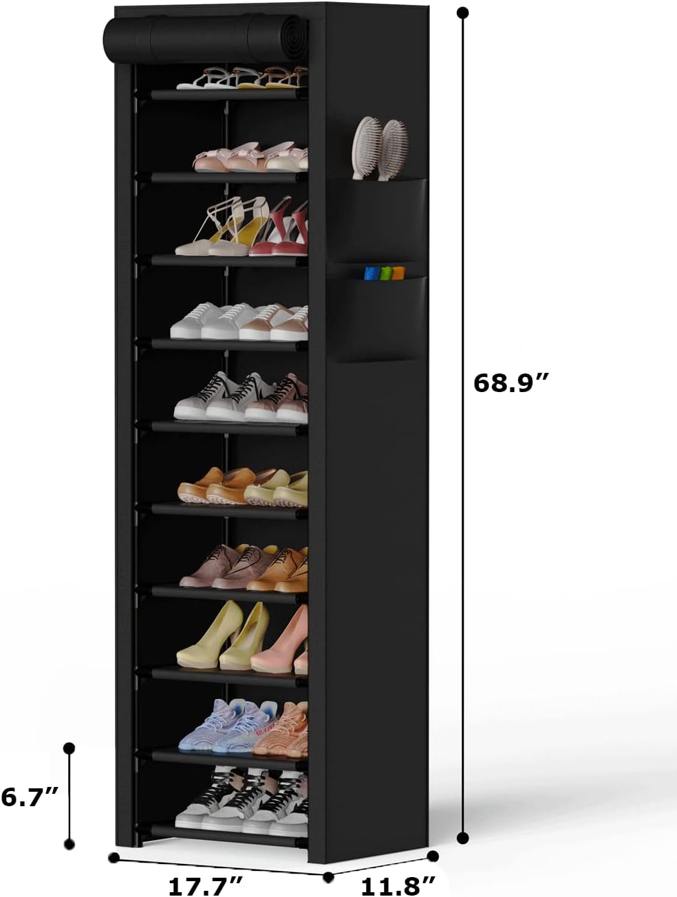 Alternative view of VTRIN Vertical Narrow Shoe Rack Organizer 10 Tier Tall Shoe Shelf Holds 20-22 Pairs with Non-Woven Dustproof Cover for Closet, Entryway Black