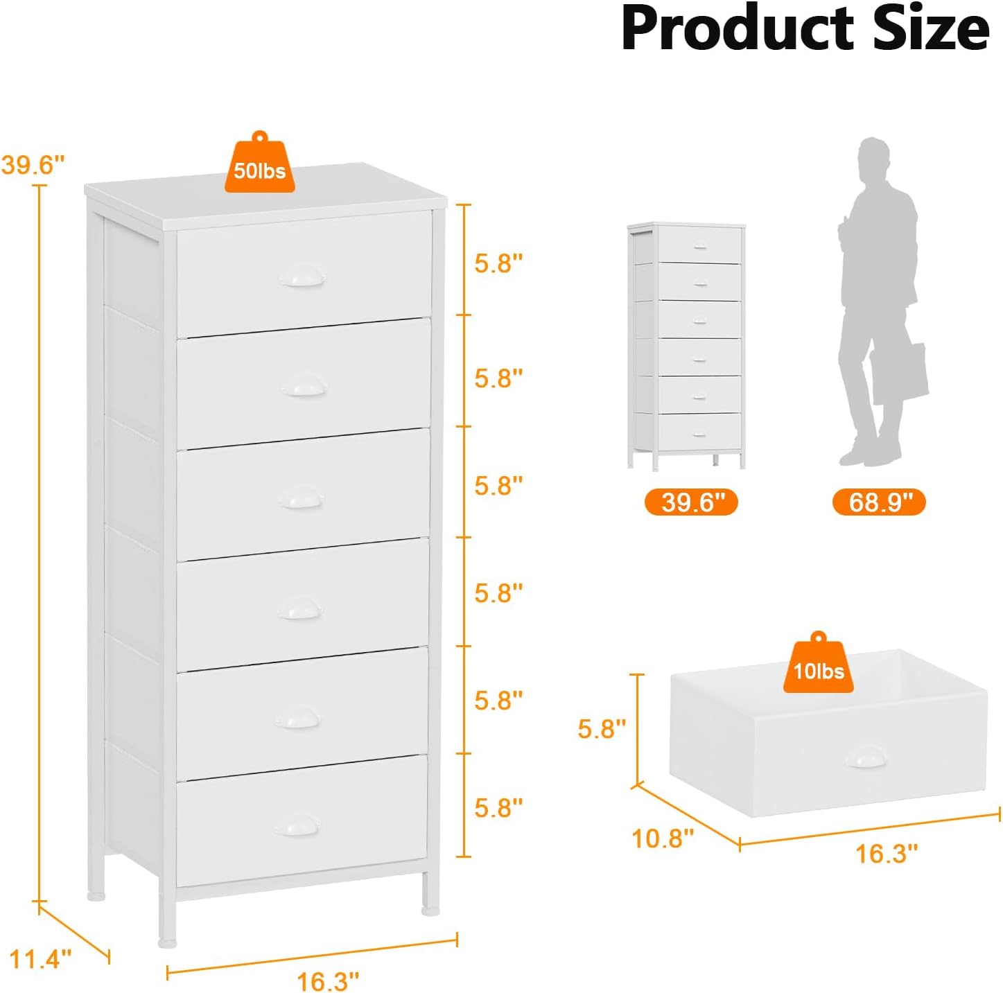 Alternative view of Furnulem White Tall Dresser for Bedroom,Vertical Storage Tower Unit and End Table with 6 Fabric Drawers, Nightstand Furniture with Drawer Organizer in Living Room,Closet,Entryway,Hallyway