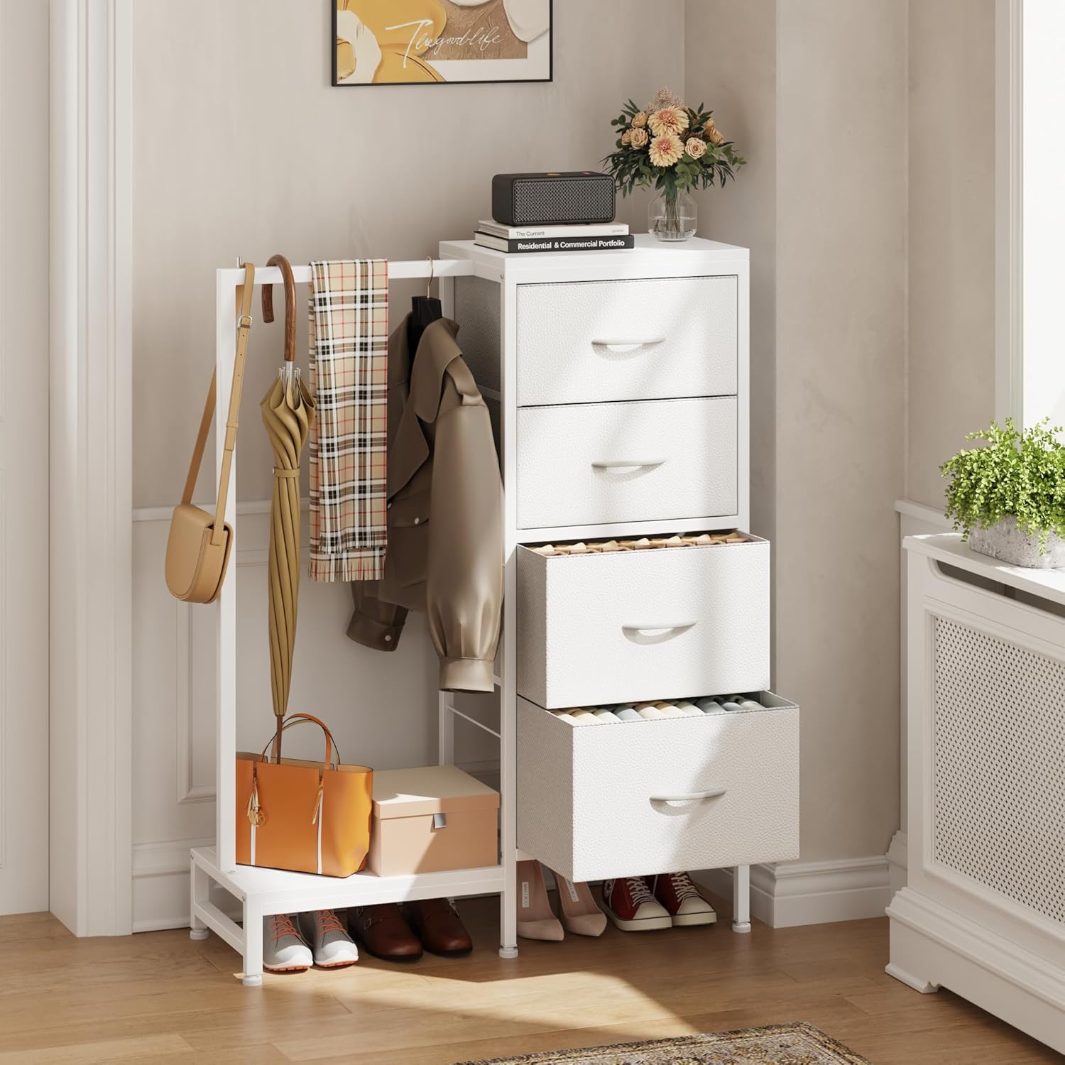 Alternative view of HIGDBFE Dresser with Hanging Rack, 4 Drawers Small Closet for Bedroom, Reversible Fabric Kids Chest of Drawers with Clothes Rack, Tall Storage Tower, Sturdy Frame, White, 44''H