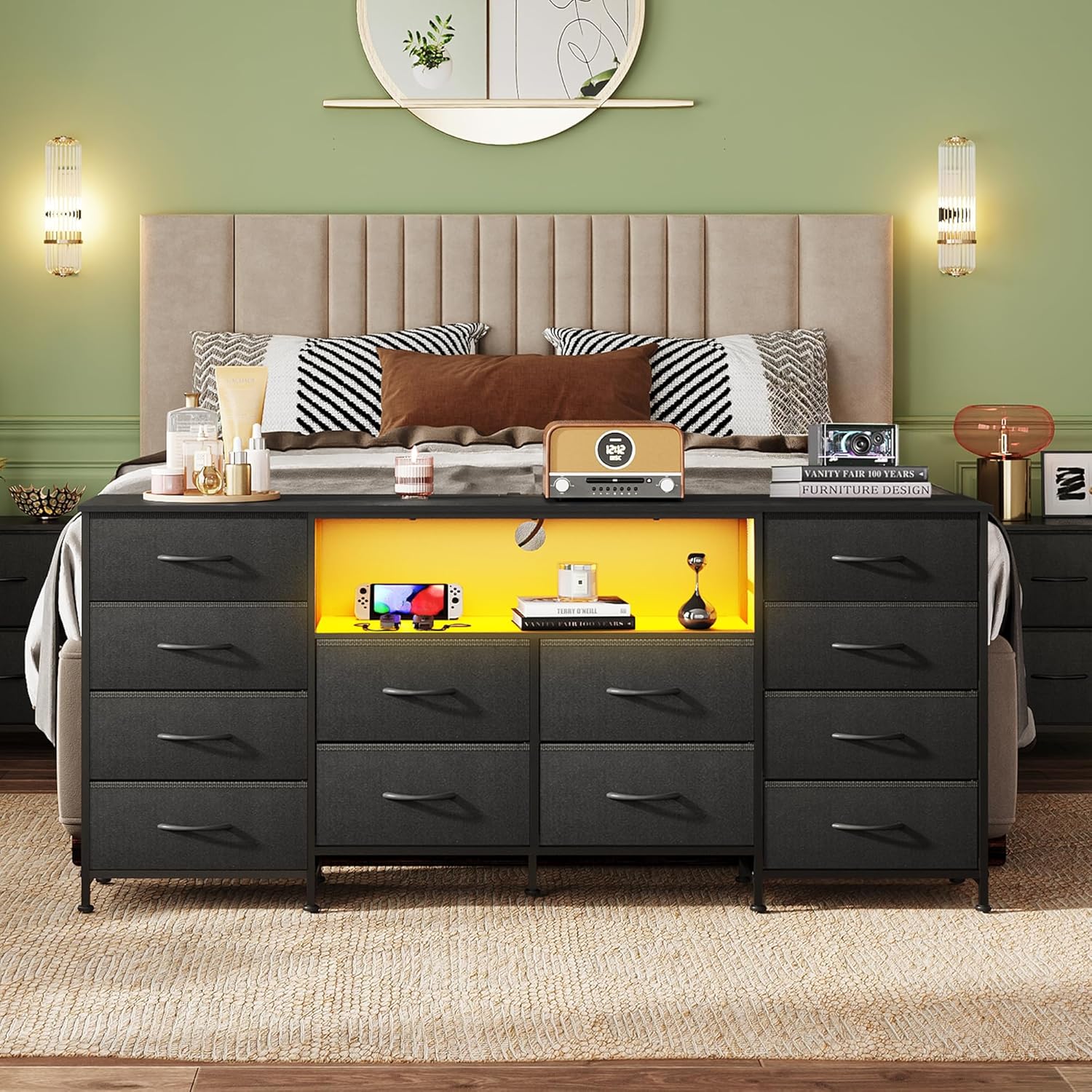 WLIVE 12 Drawer Dresser for Bedroom, Black Dresser TV Stand for 65, 70, 75 inch TV with Led Light & Charging Station, Wide Chest of Drawers with Open Shelves, Fabric Dressers for Closet, Living Room