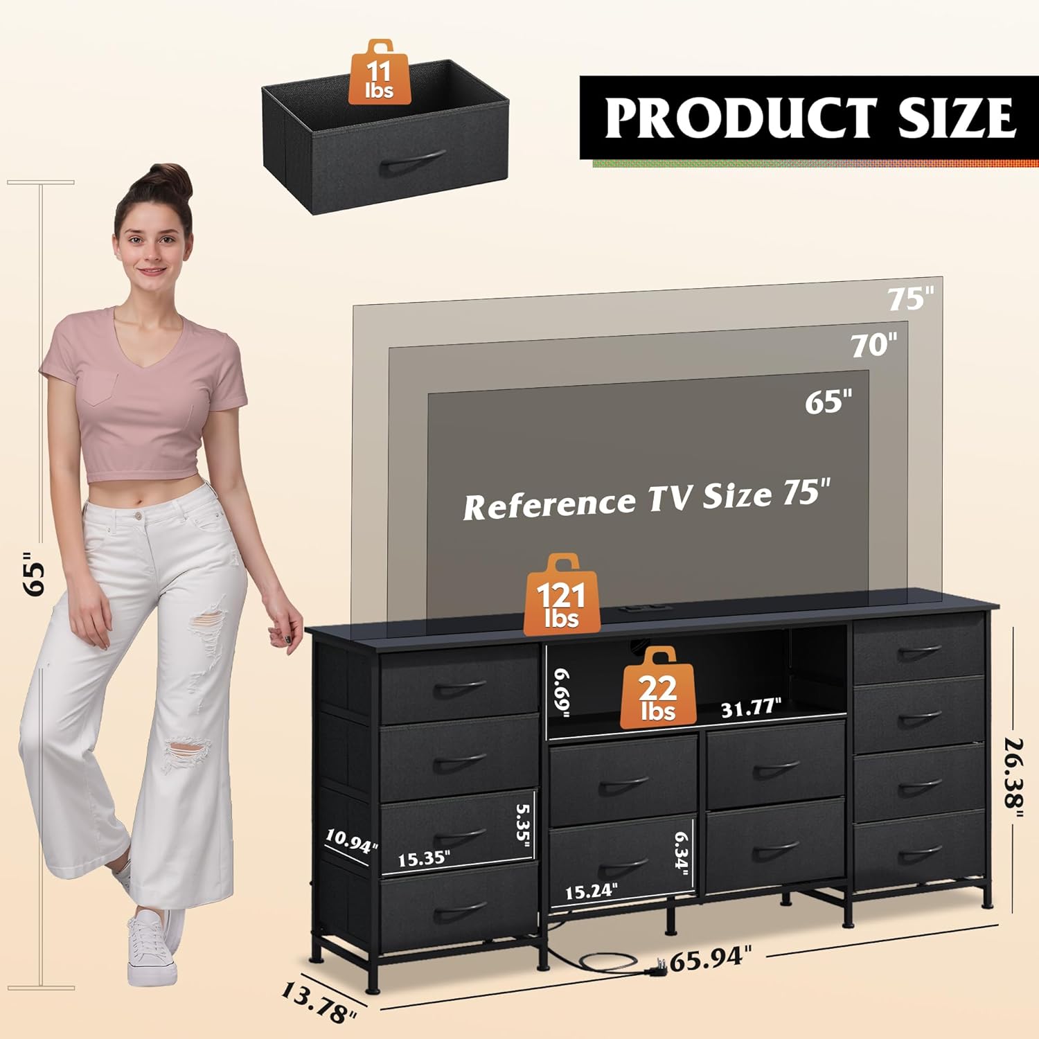 Alternative view of WLIVE 12 Drawer Dresser for Bedroom, Black Dresser TV Stand for 65, 70, 75 inch TV with Led Light & Charging Station, Wide Chest of Drawers with Open Shelves, Fabric Dressers for Closet, Living Room